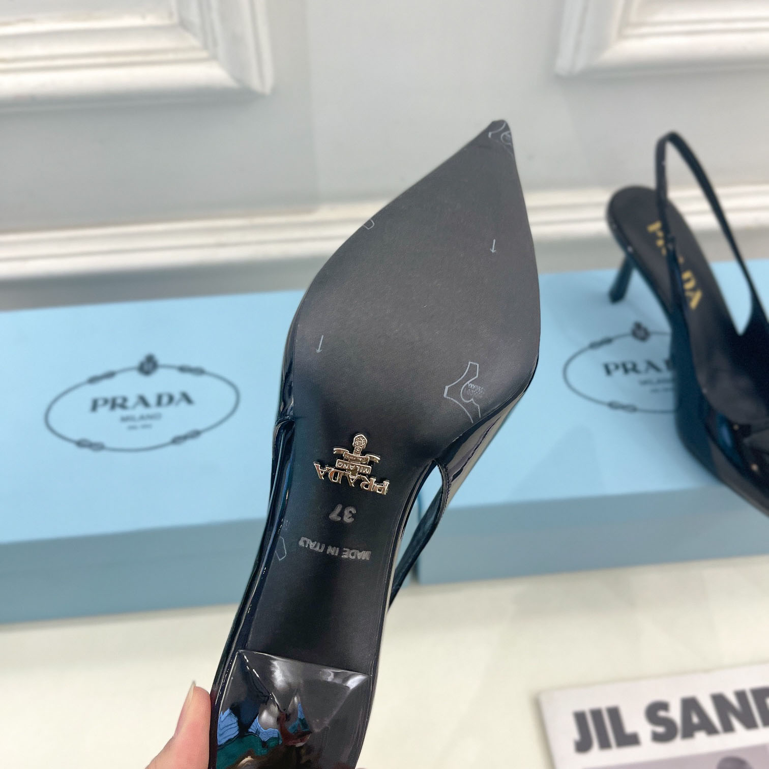 Prada 75m Patent Leather Slingback Pumps - PerfectKickZ