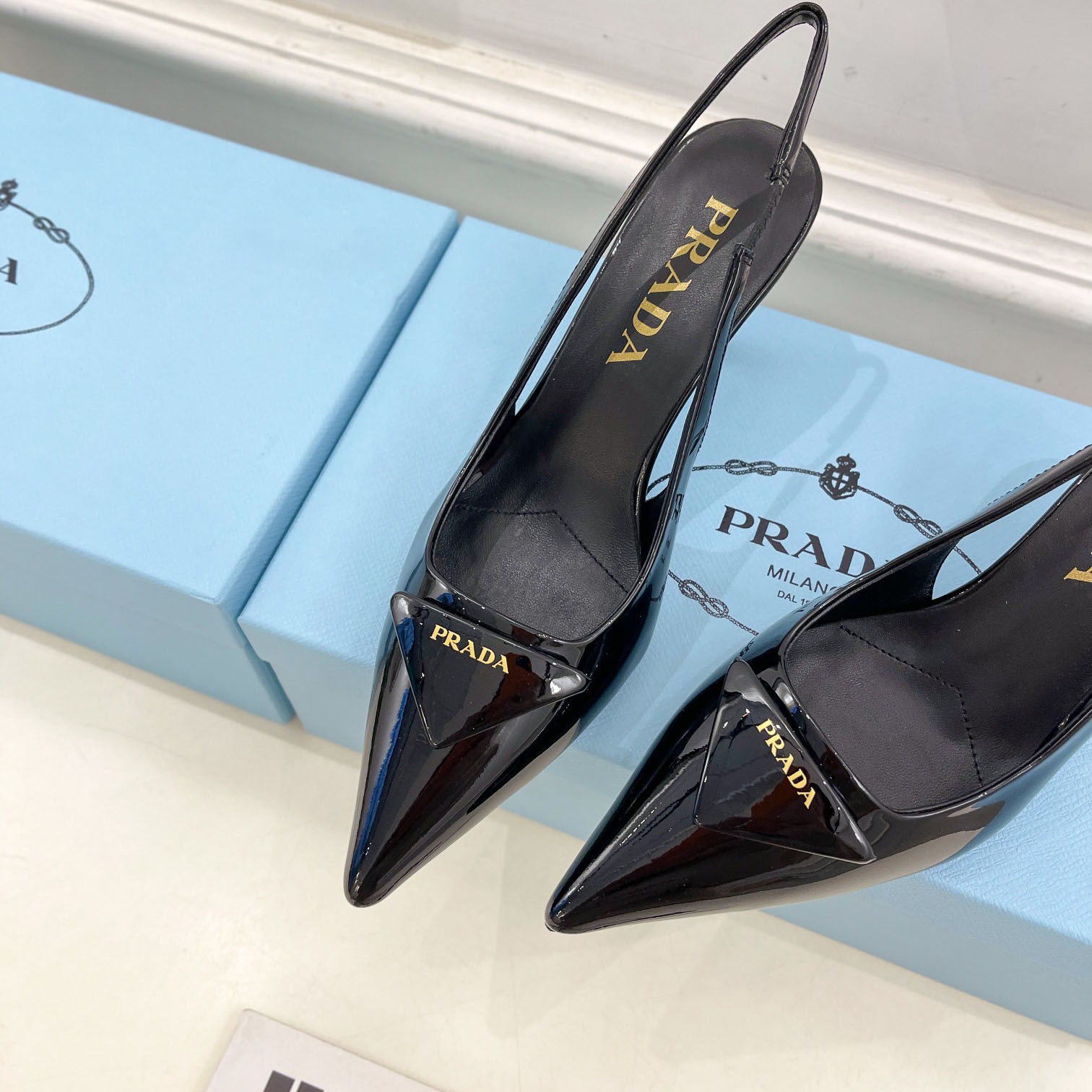 Prada 75m Patent Leather Slingback Pumps - PerfectKickZ