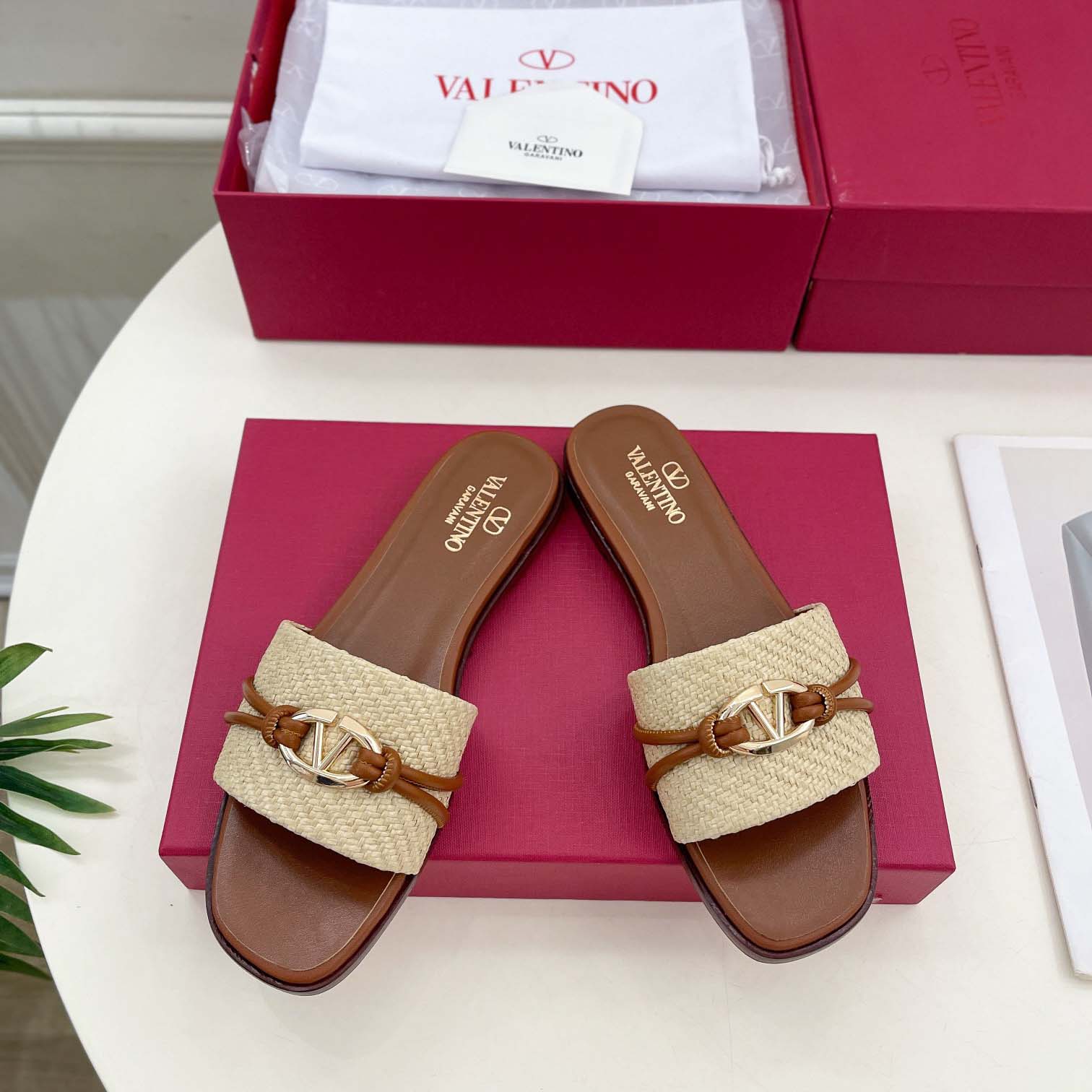 Valenti Garavani VLogo Raffia-trimmed Leather Slides - PerfectKickZ