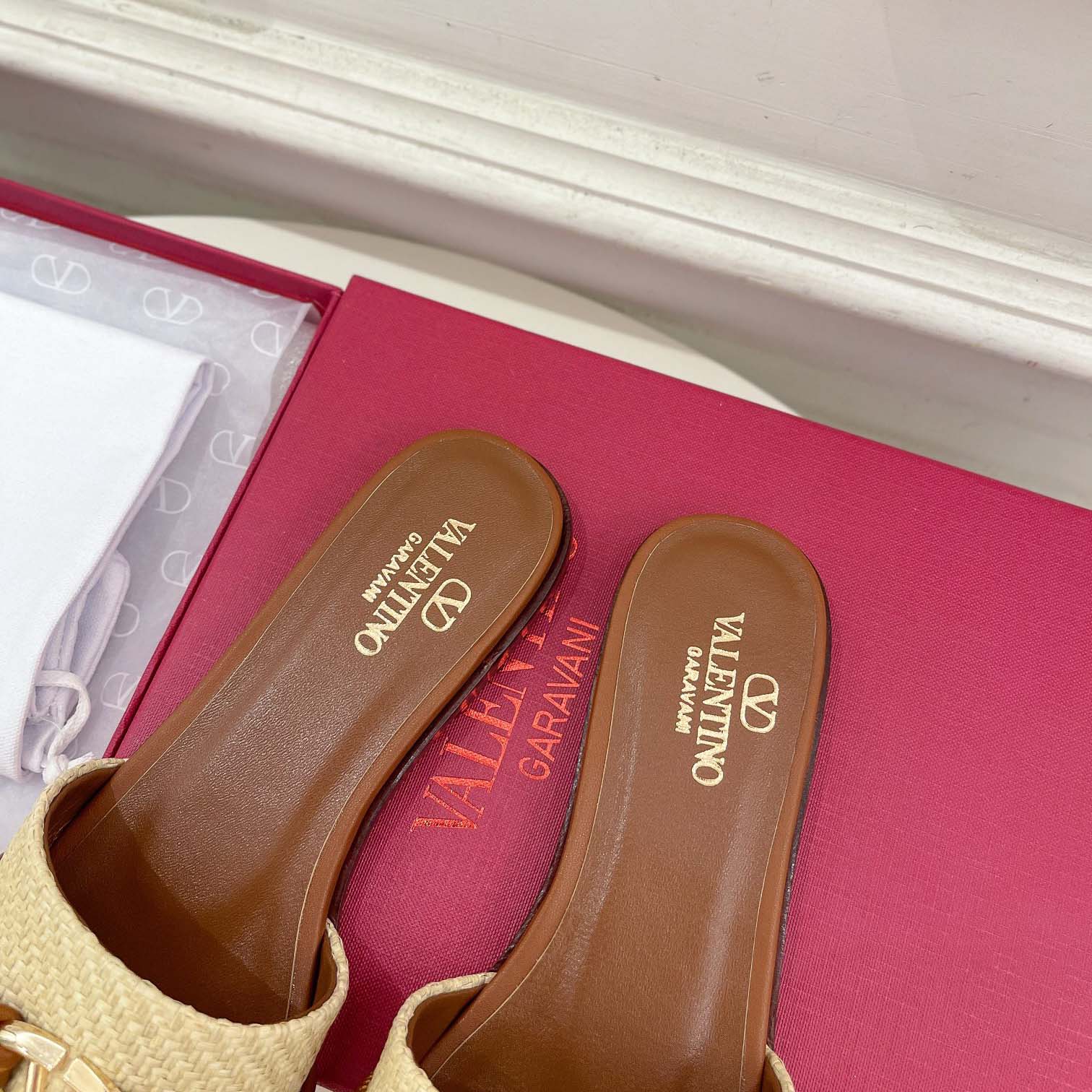 Valenti Garavani VLogo Raffia-trimmed Leather Slides - PerfectKickZ