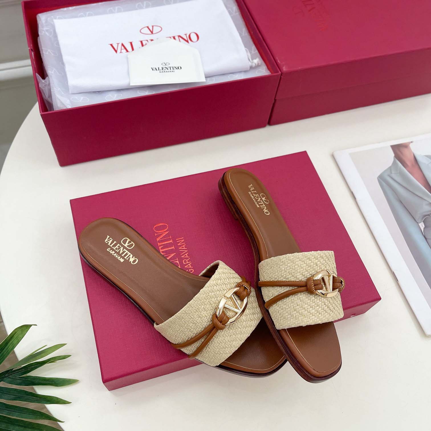 Valenti Garavani VLogo Raffia-trimmed Leather Slides - PerfectKickZ