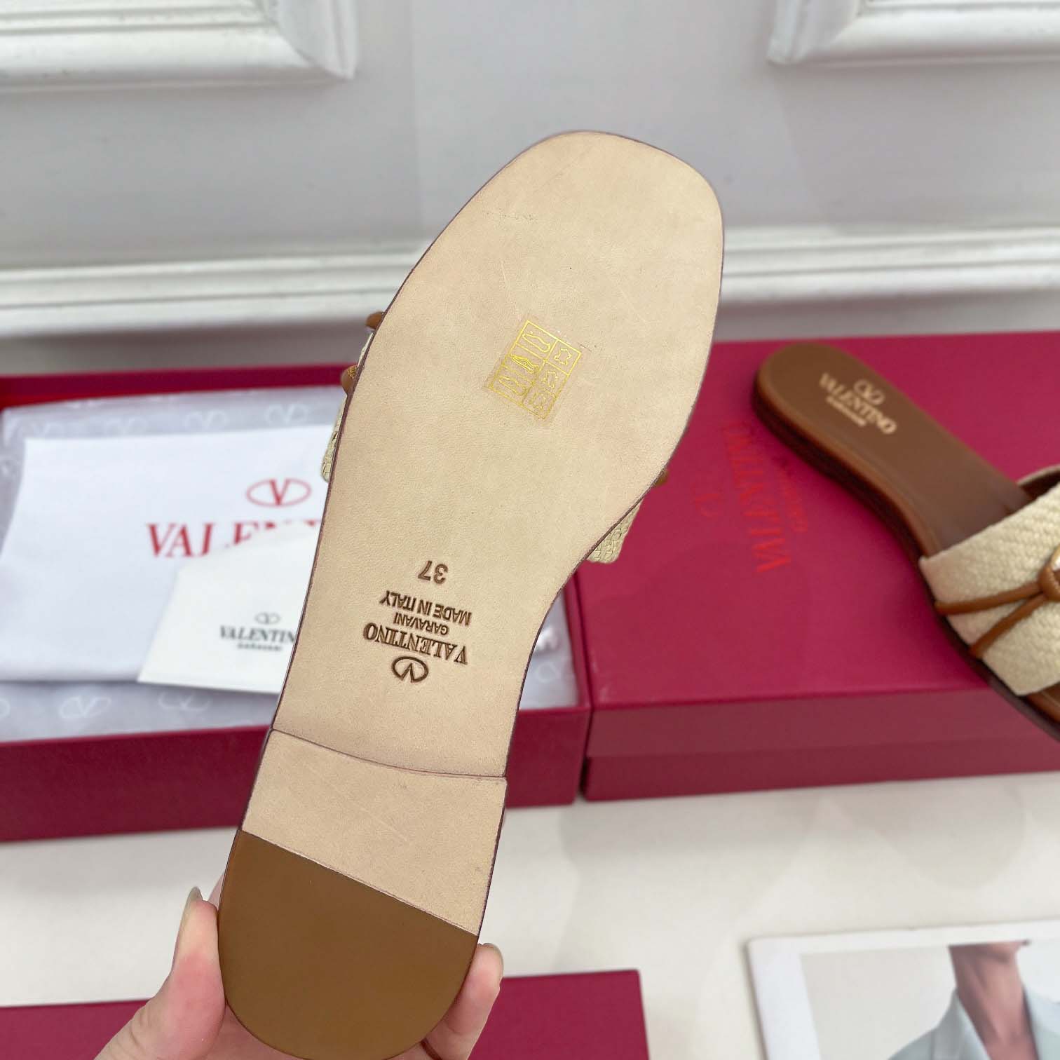 Valenti Garavani VLogo Raffia-trimmed Leather Slides - PerfectKickZ