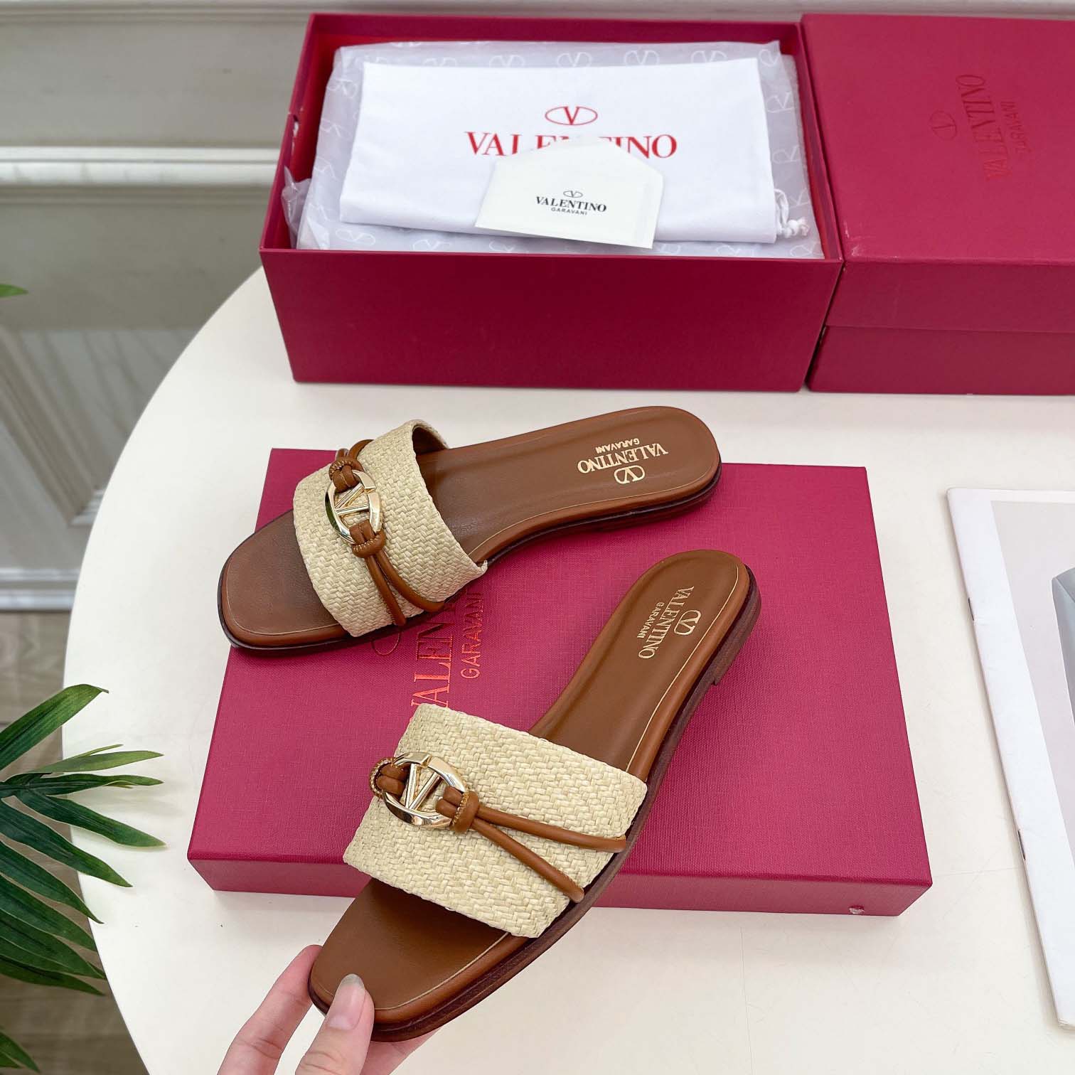 Valenti Garavani VLogo Raffia-trimmed Leather Slides - PerfectKickZ