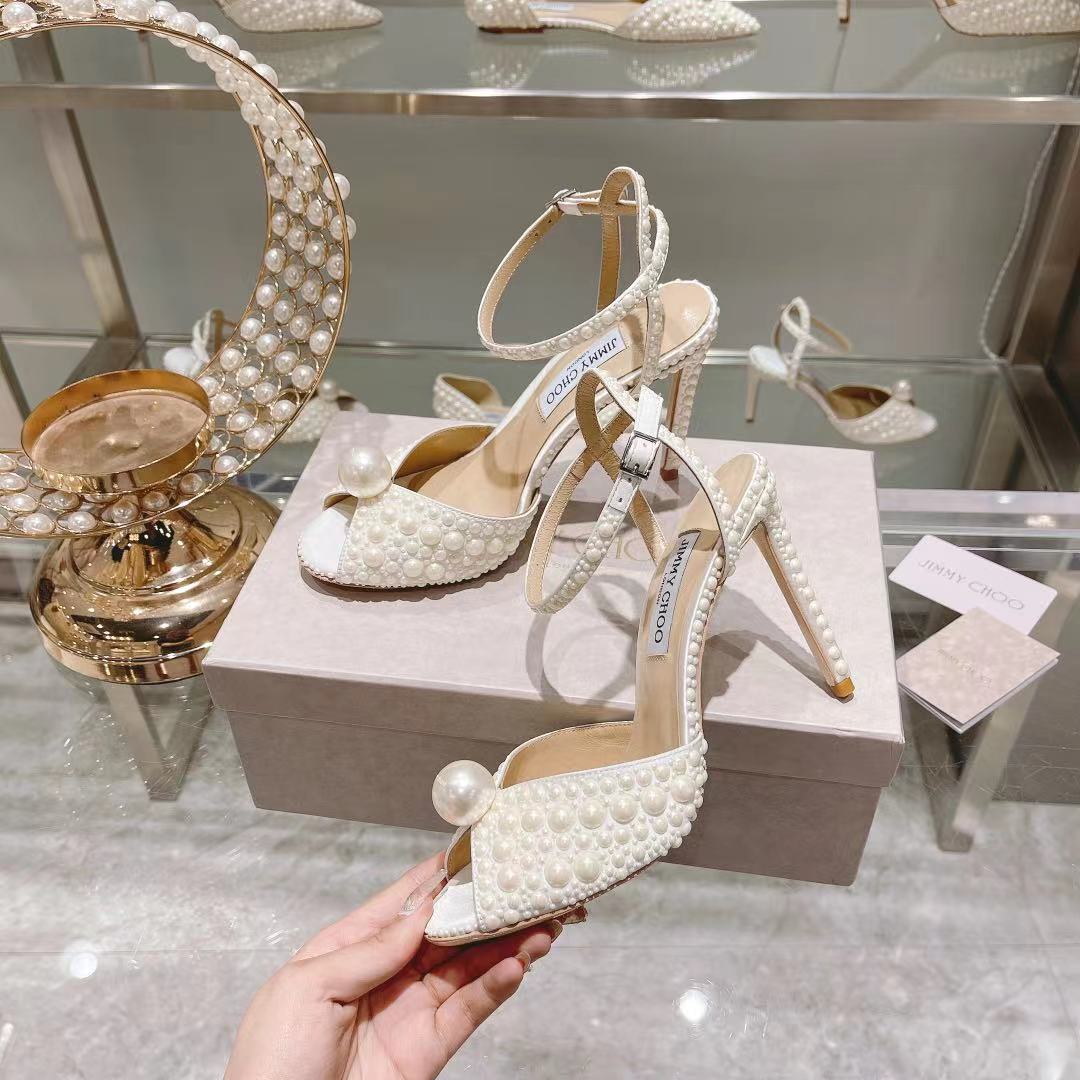 Jimmy Choo White Satin Sandals with All Over Pearls - PerfectKickZ