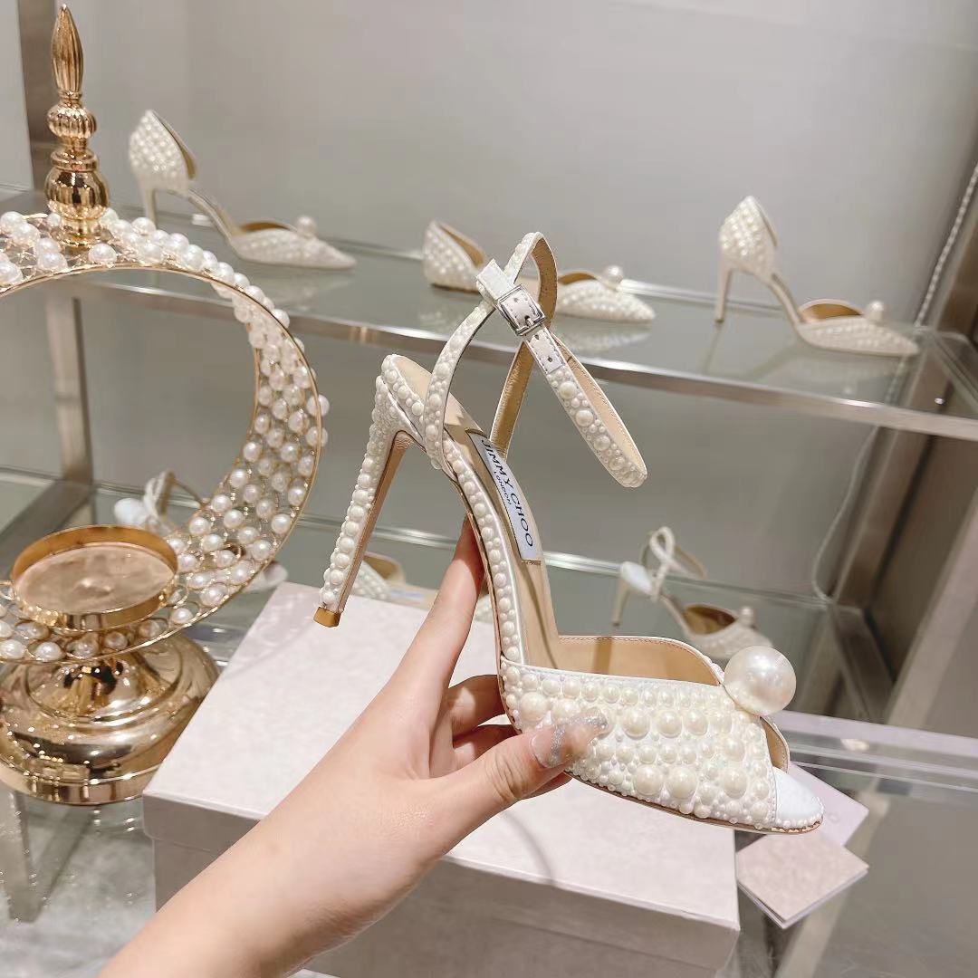 Jimmy Choo White Satin Sandals with All Over Pearls - PerfectKickZ