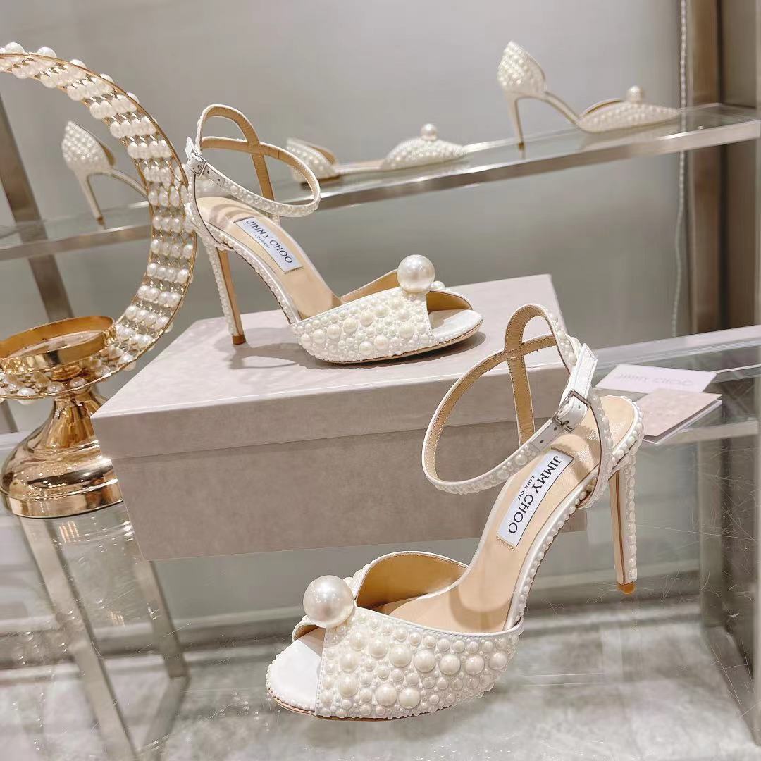Jimmy Choo White Satin Sandals with All Over Pearls - PerfectKickZ