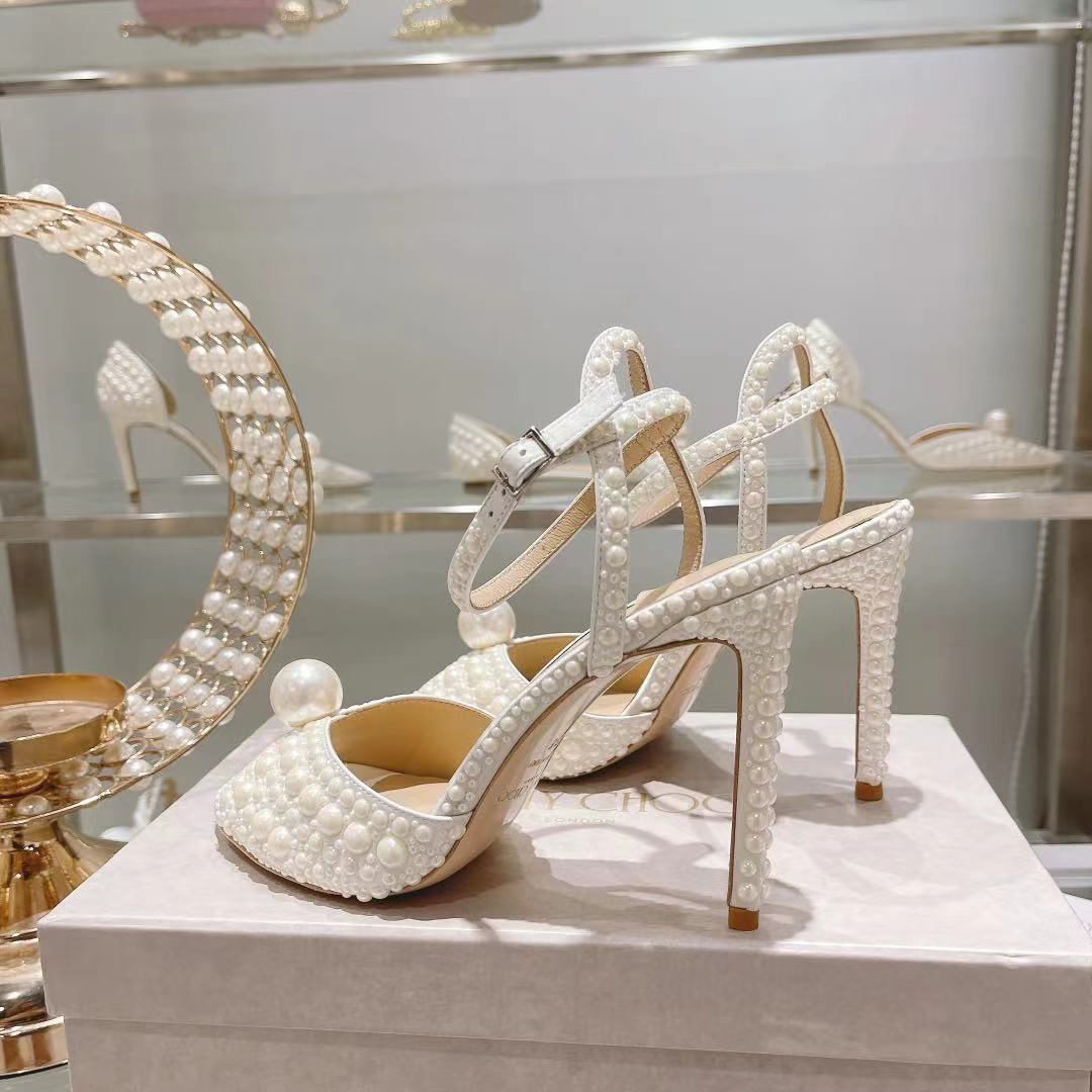 Jimmy Choo White Satin Sandals with All Over Pearls - PerfectKickZ