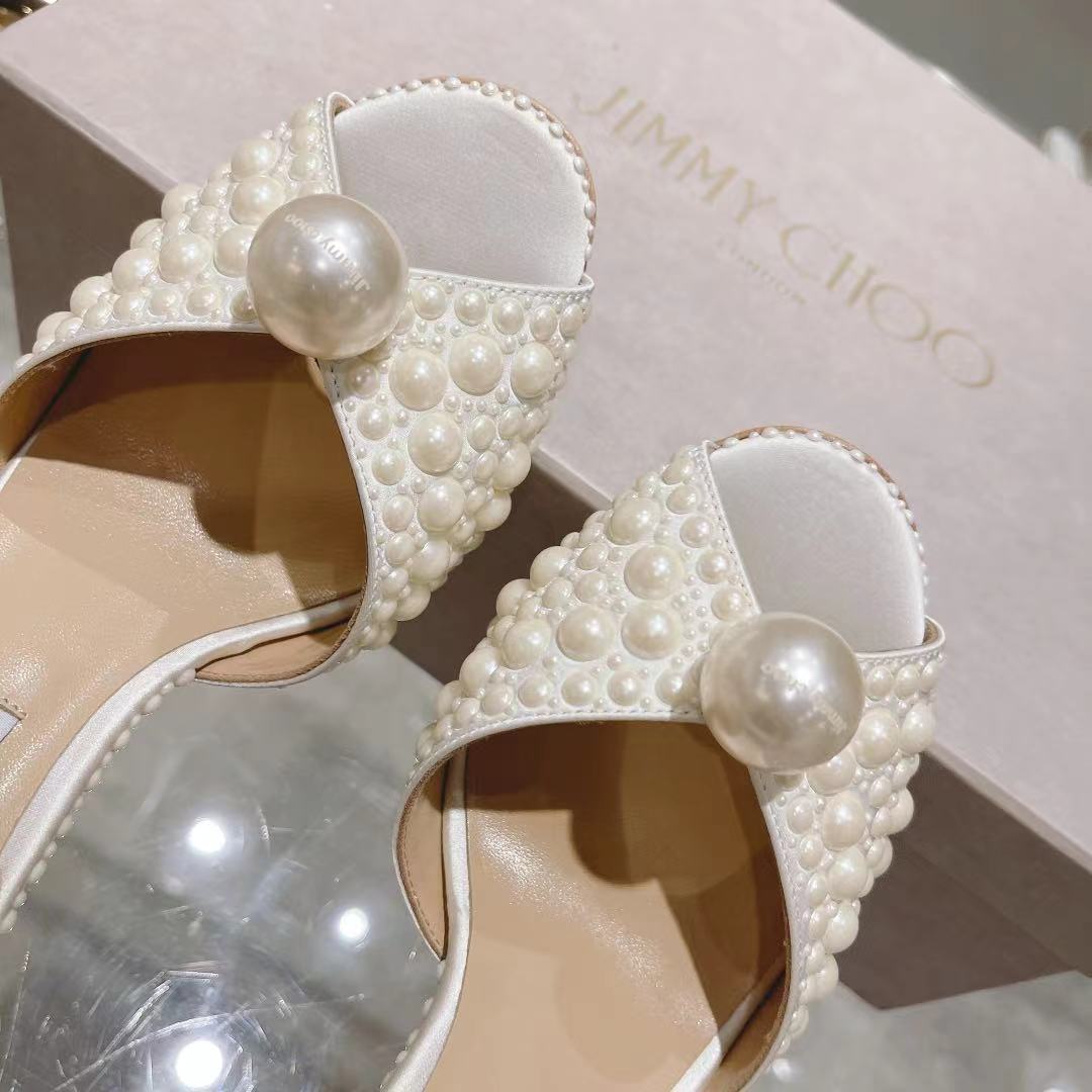Jimmy Choo White Satin Sandals with All Over Pearls - PerfectKickZ