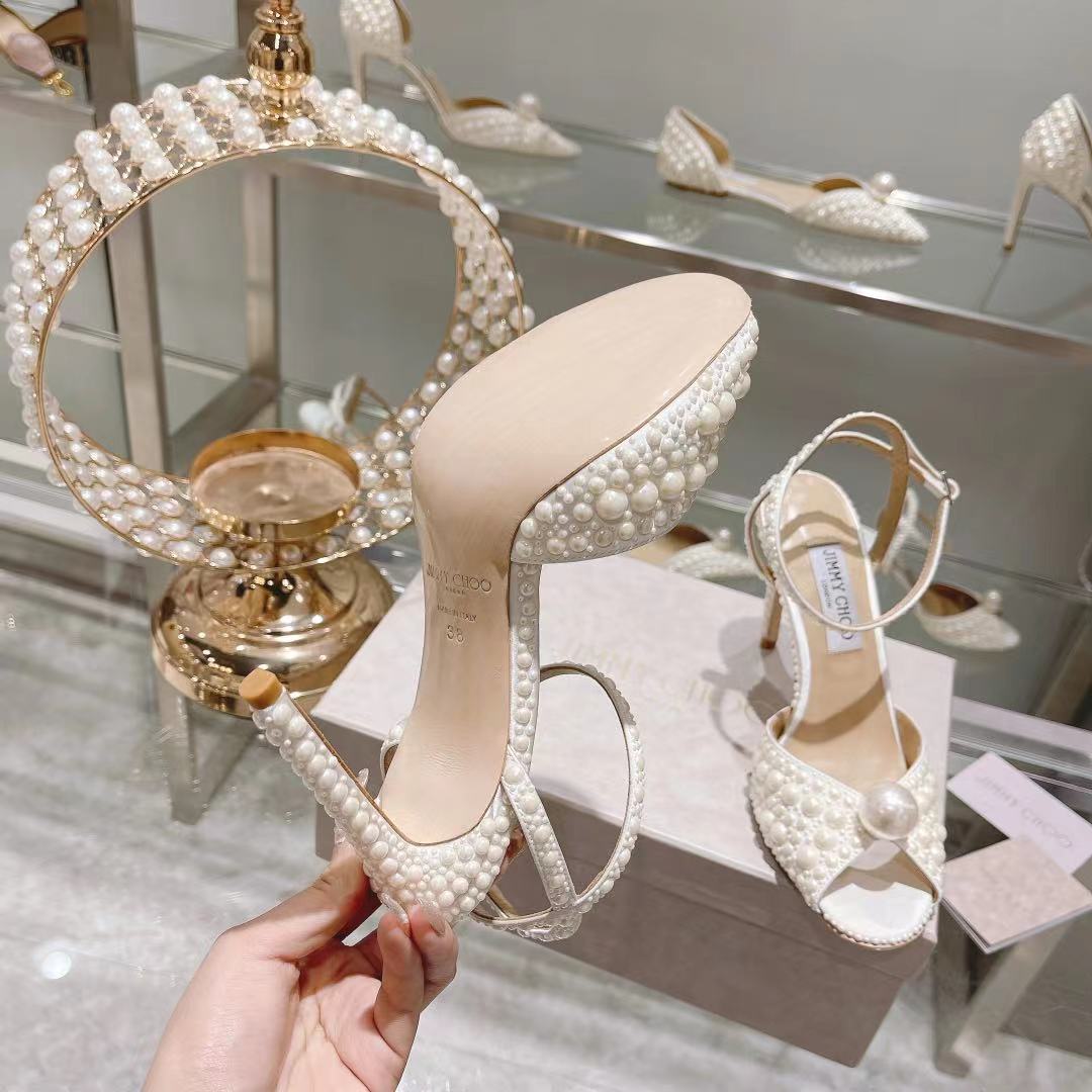 Jimmy Choo White Satin Sandals with All Over Pearls - PerfectKickZ