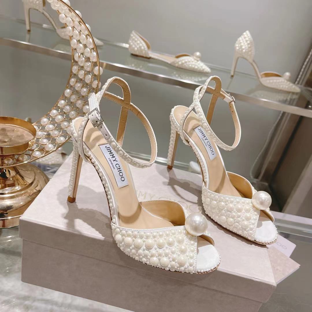 Jimmy Choo White Satin Sandals with All Over Pearls - PerfectKickZ