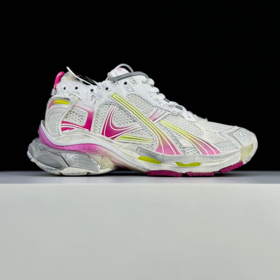 Balenciaga Runner Gradient Sneaker In White, Pink, Grey And Neon Yellow Mesh - PerfectKickZ