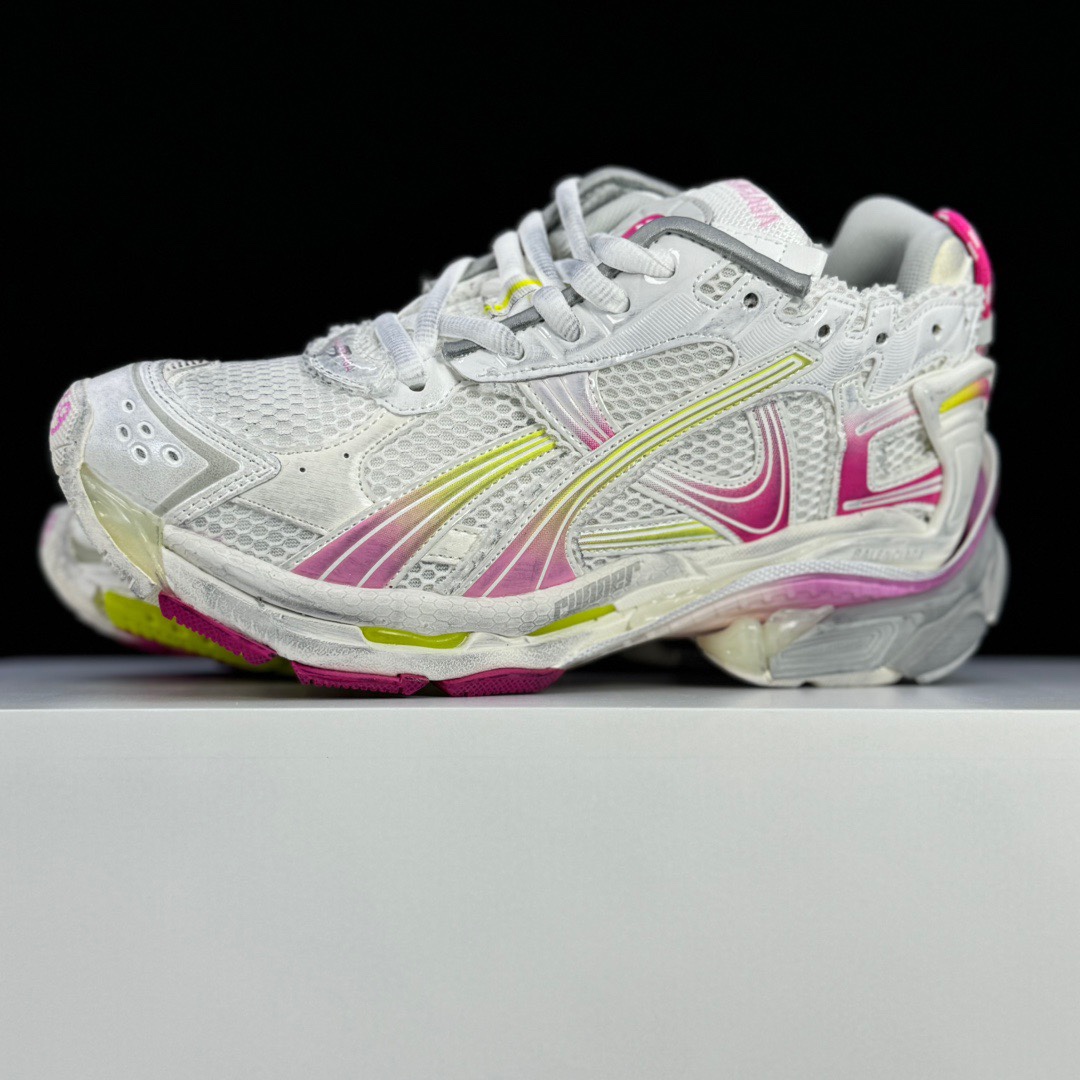 Balenciaga Runner Gradient Sneaker In White, Pink, Grey And Neon Yellow Mesh - PerfectKickZ