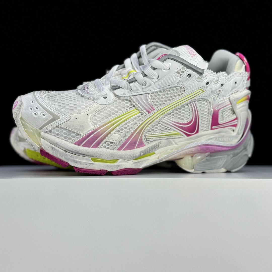 Balenciaga Runner Gradient Sneaker In White, Pink, Grey And Neon Yellow Mesh - PerfectKickZ