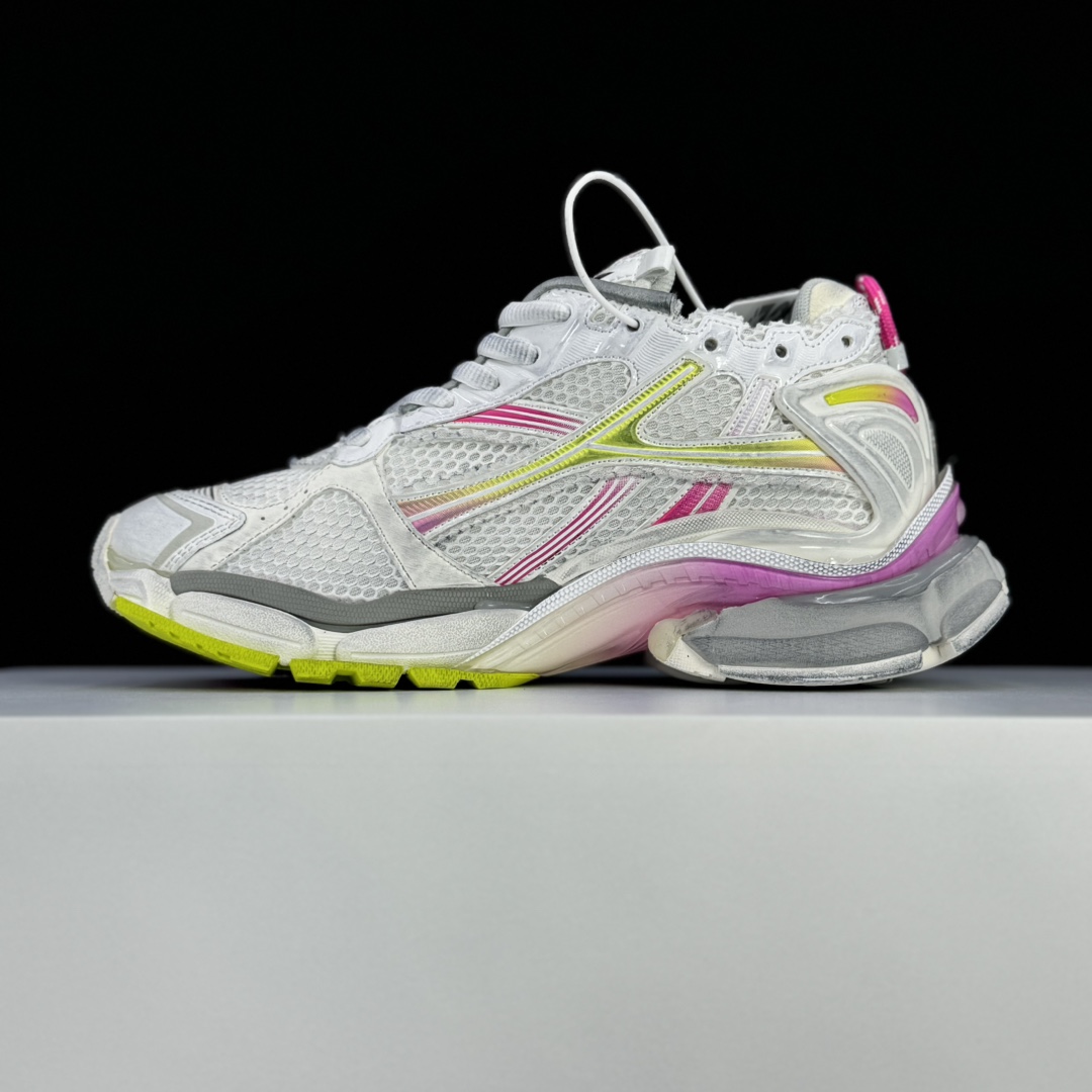 Balenciaga Runner Gradient Sneaker In White, Pink, Grey And Neon Yellow Mesh - PerfectKickZ