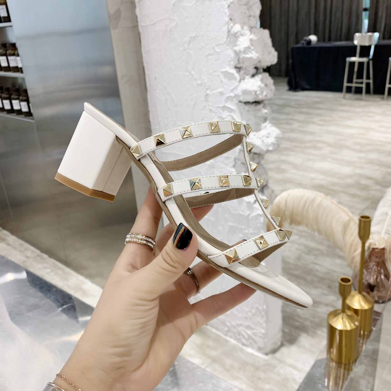 Valenti Rockstud Calfskin Leather Slide Sandal  - PerfectKickZ