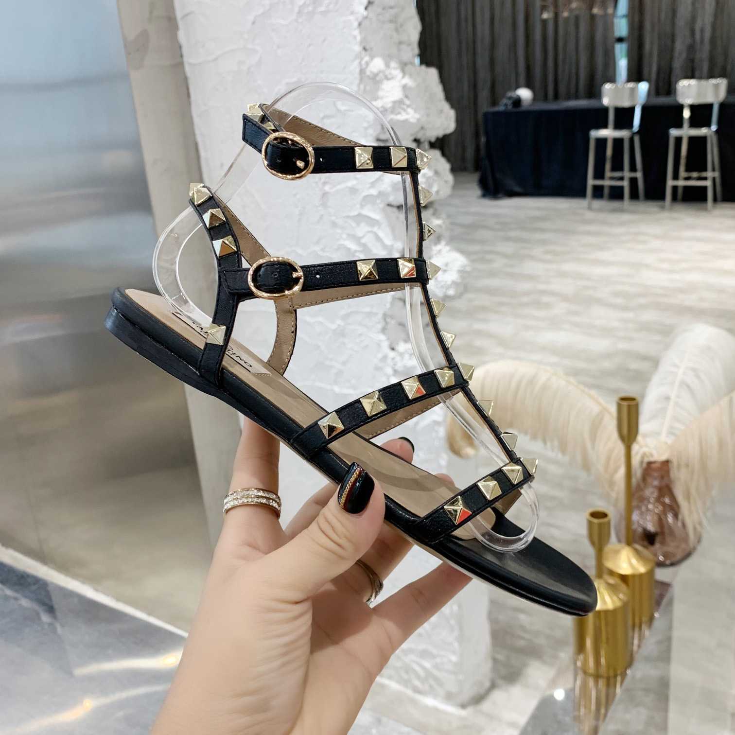 Valenti Rockstud Flat calfskin Sandal With Straps  - PerfectKickZ