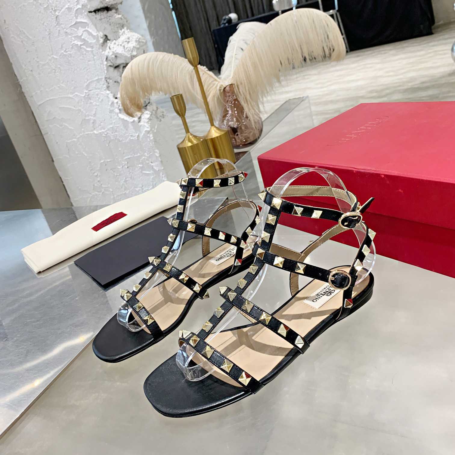Valenti Rockstud Flat calfskin Sandal With Straps  - PerfectKickZ