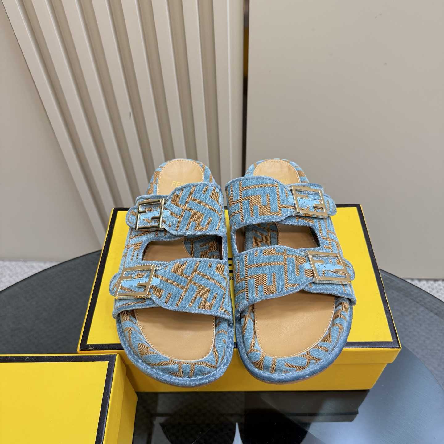 Fendi Feel Light Blue FF Jacquard Velvet Slides - PerfectKickZ