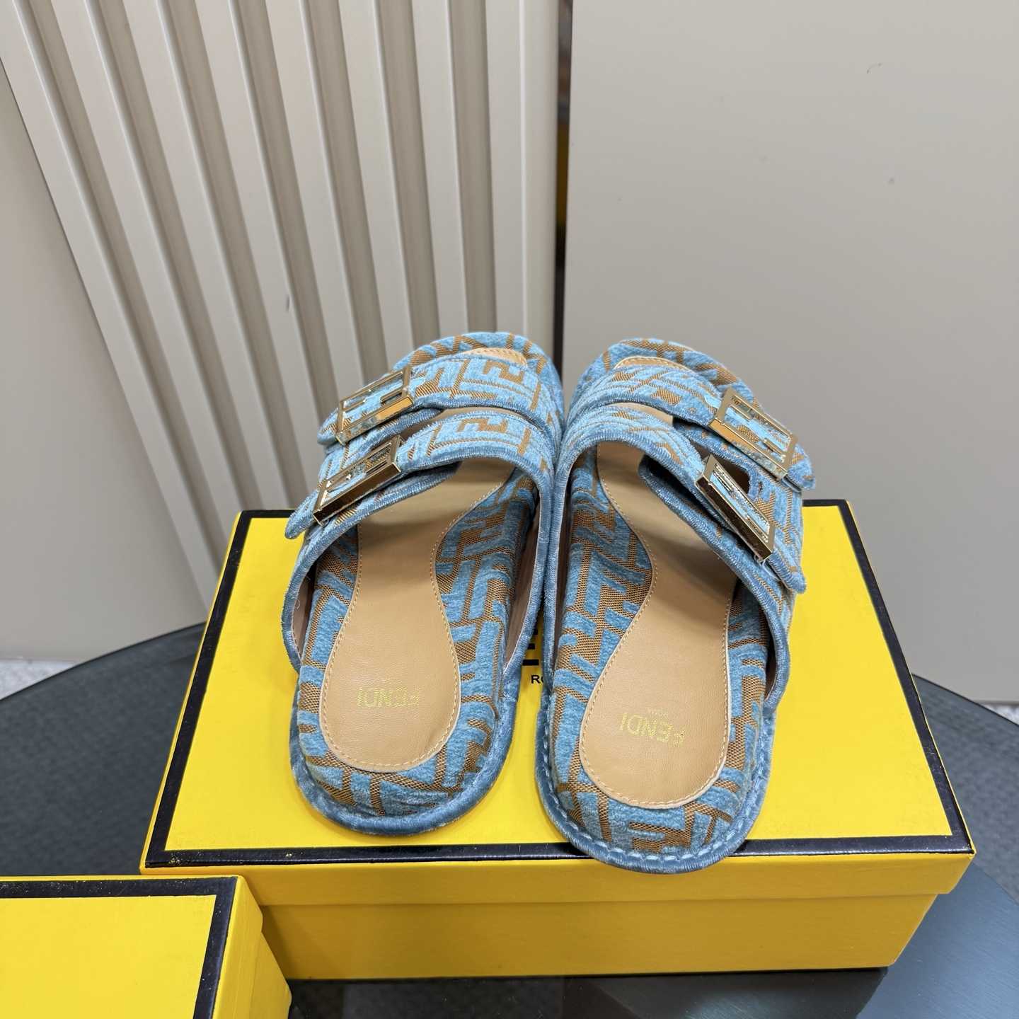 Fendi Feel Light Blue FF Jacquard Velvet Slides - PerfectKickZ