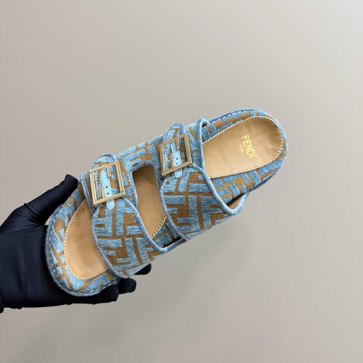 Fendi Feel Light Blue FF Jacquard Velvet Slides - PerfectKickZ