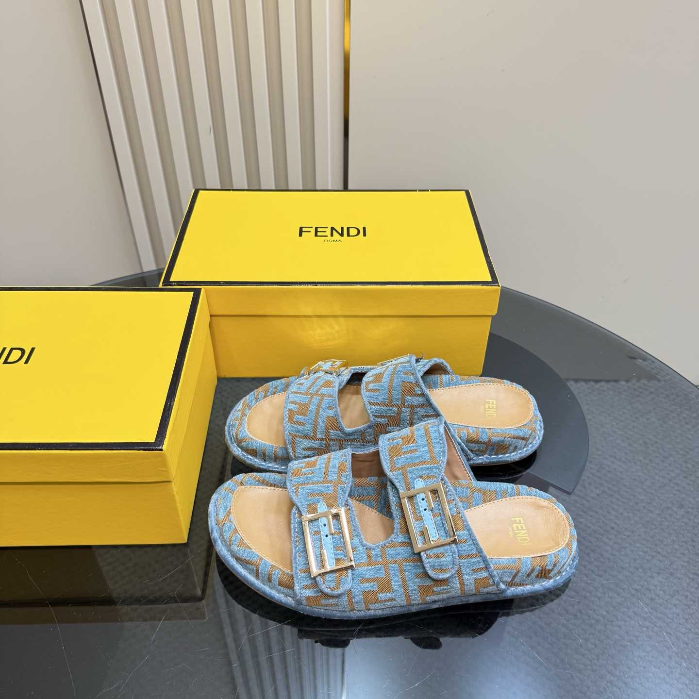Fendi Feel Light Blue FF Jacquard Velvet Slides - PerfectKickZ