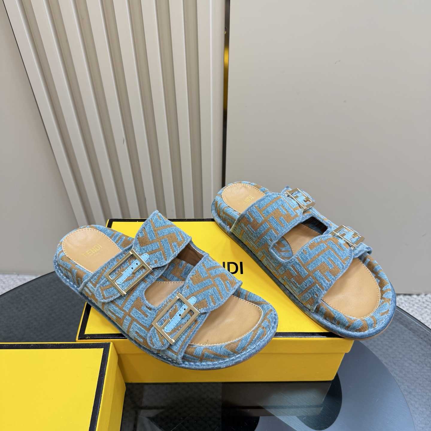 Fendi Feel Light Blue FF Jacquard Velvet Slides - PerfectKickZ