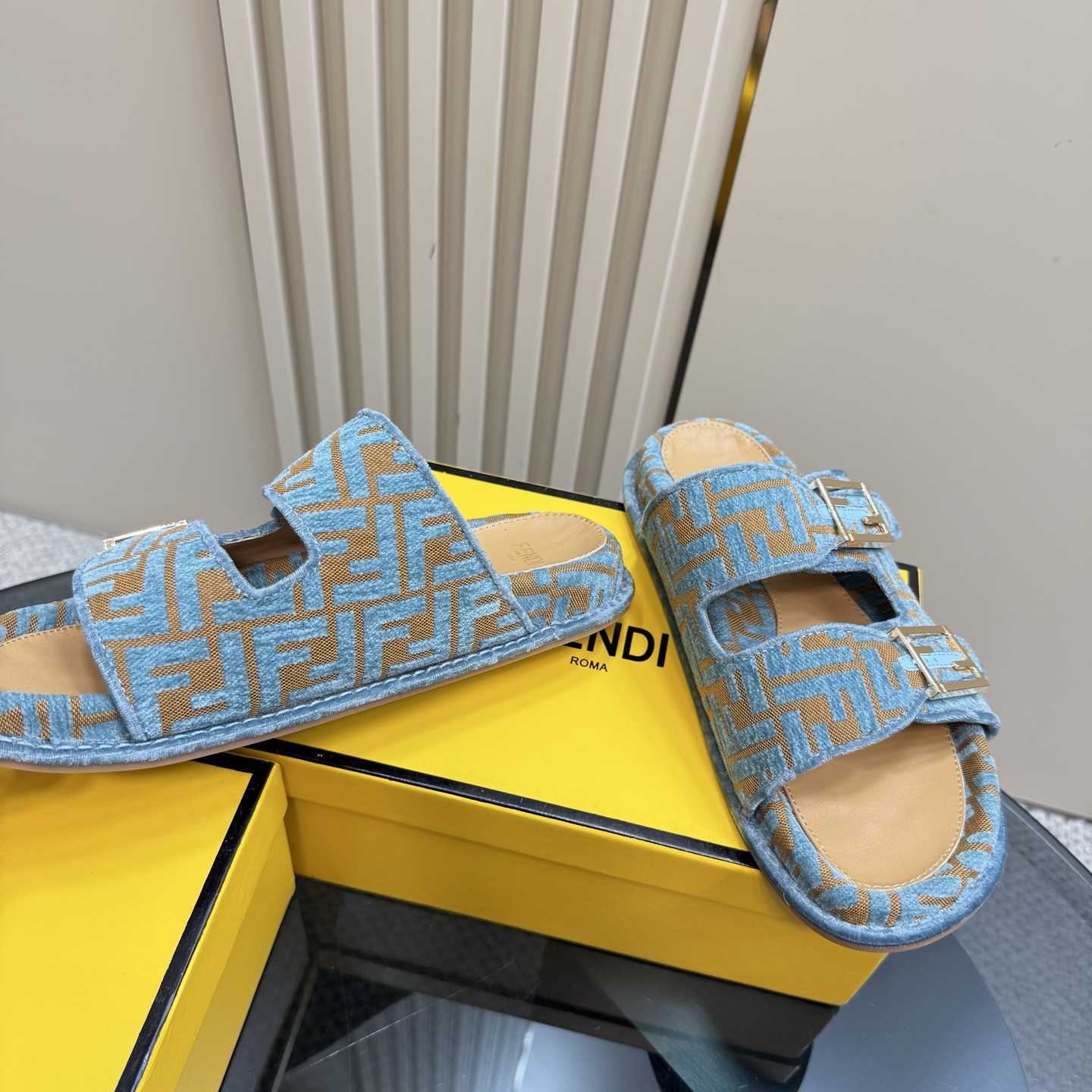 Fendi Feel Light Blue FF Jacquard Velvet Slides - PerfectKickZ