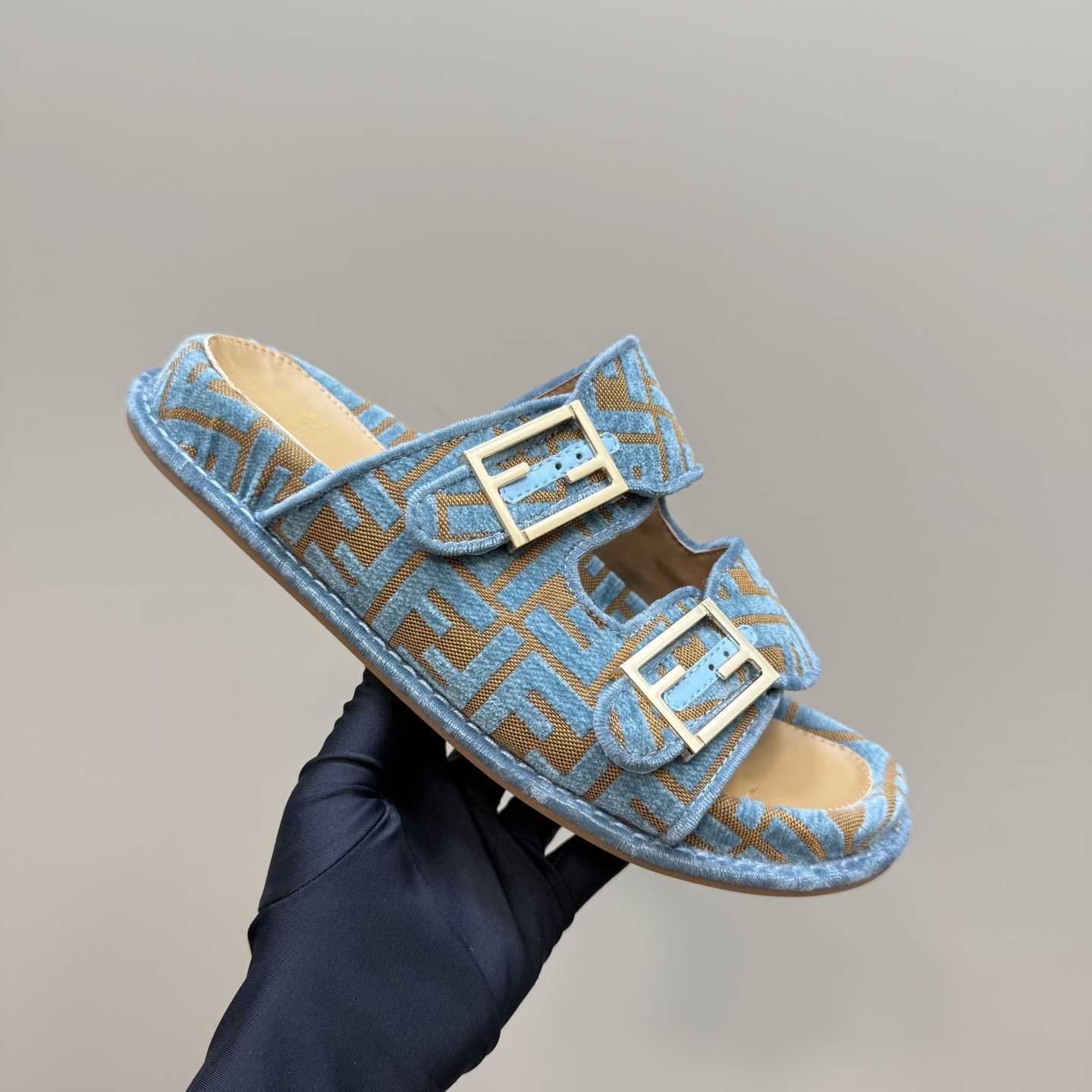 Fendi Feel Light Blue FF Jacquard Velvet Slides - PerfectKickZ