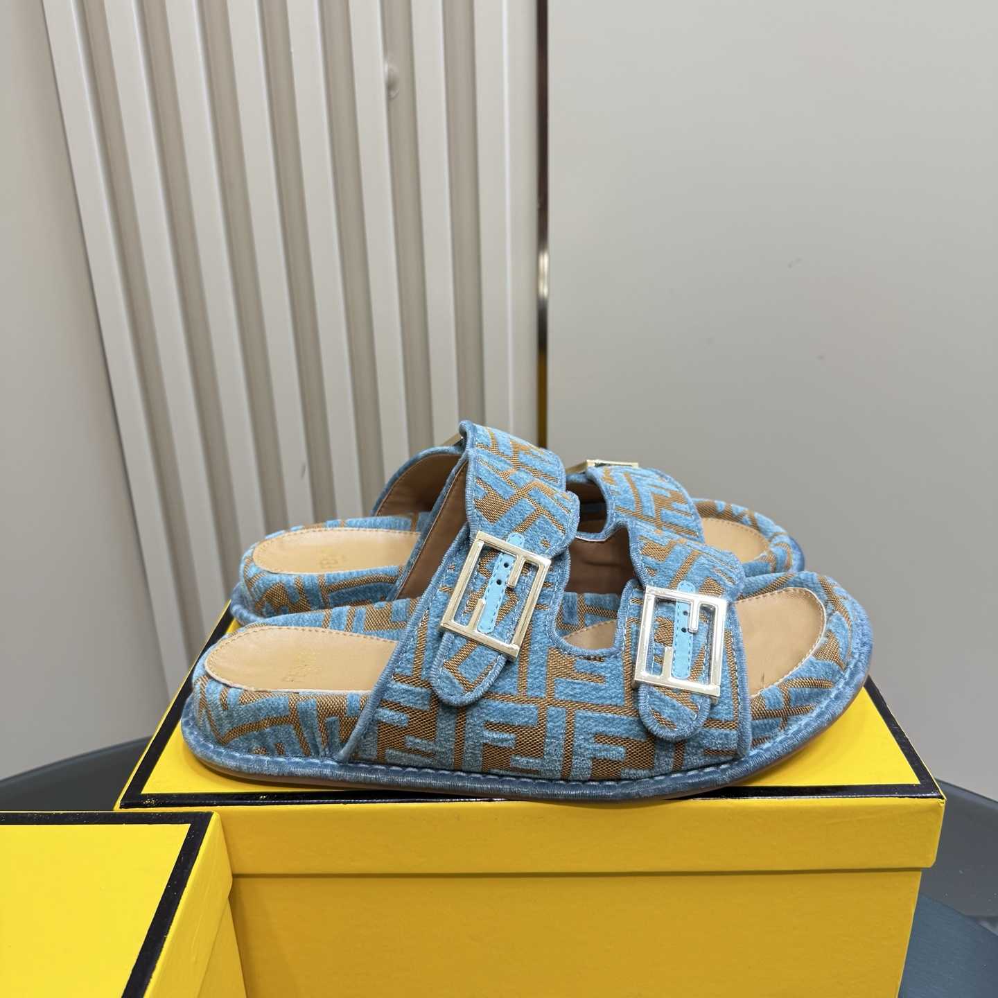 Fendi Feel Light Blue FF Jacquard Velvet Slides - PerfectKickZ