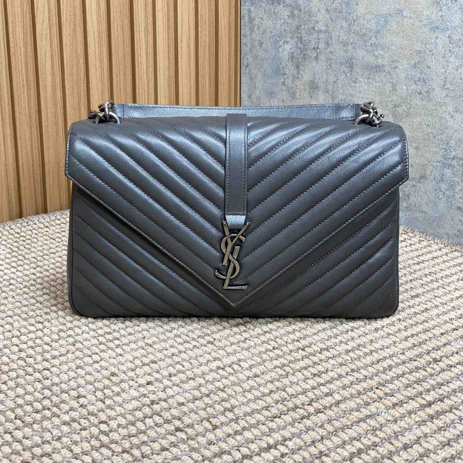 Saint Laurent Gray Matelassé Sheepskin Large College Bag  32cm - PerfectKickZ