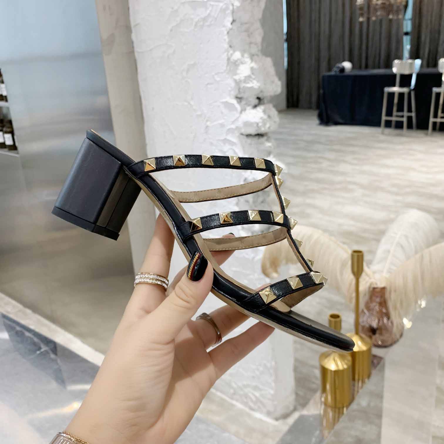 Valenti Rockstud Calfskin Leather Slide Sandal  - PerfectKickZ