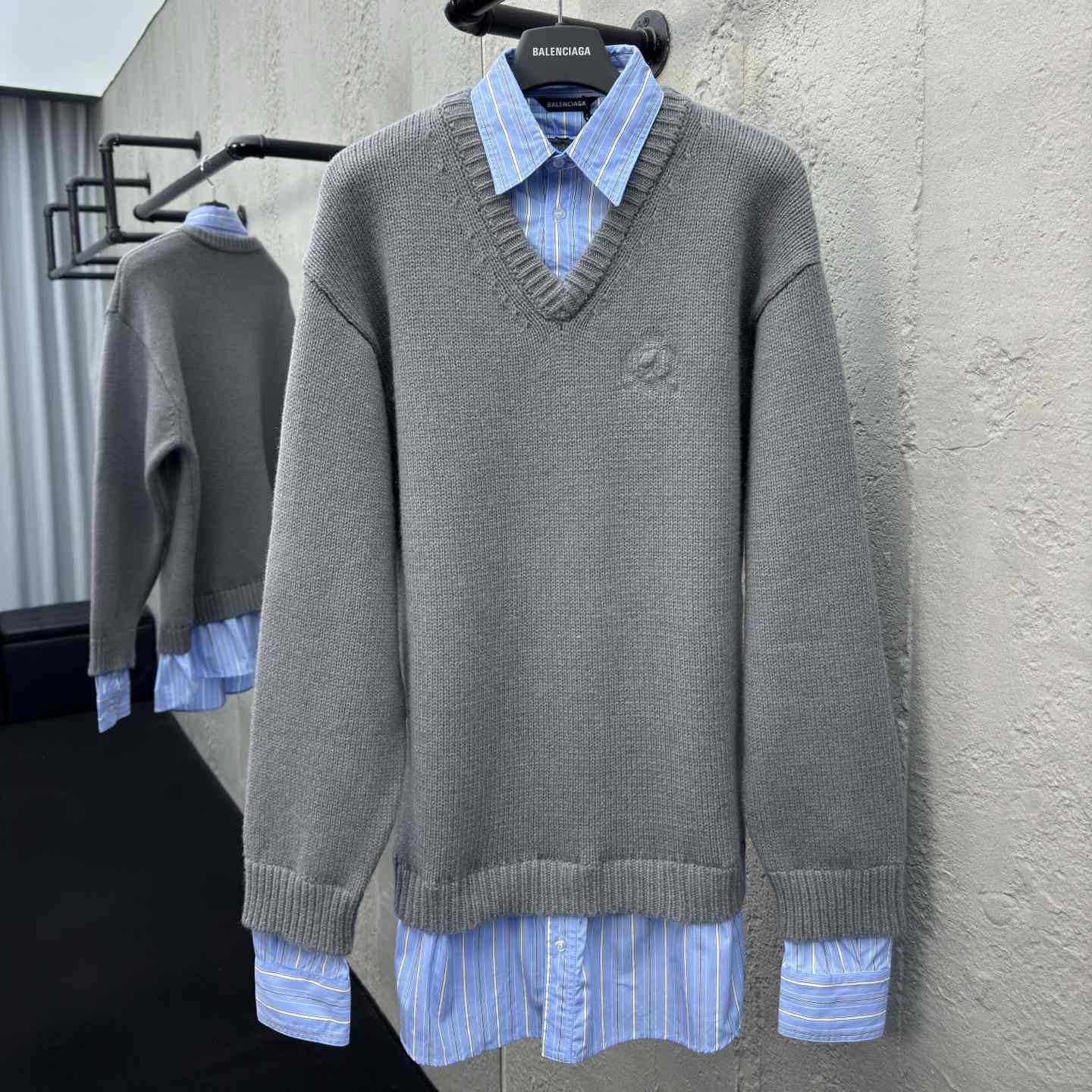 Balenciaga Layered Shirt V-Neck Sweater In Grey - PerfectKickZ