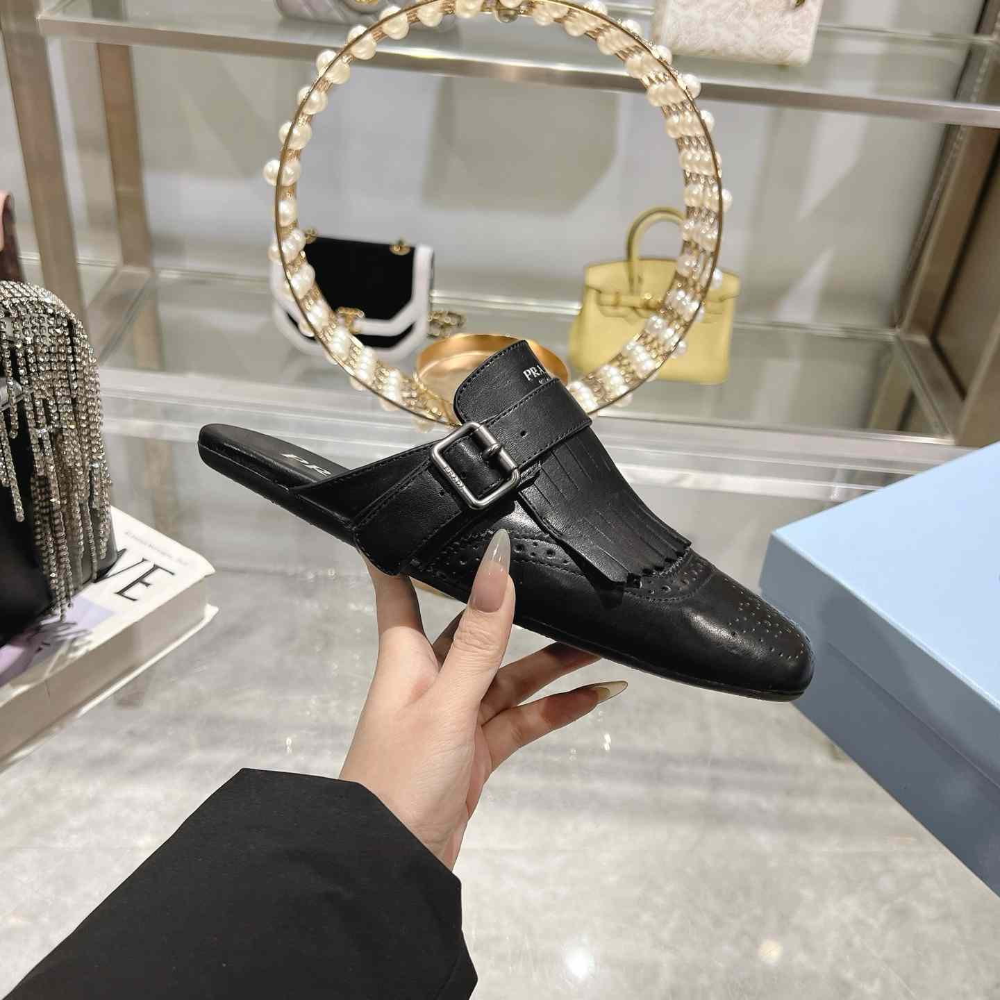 Prada Shuffle Fringed Monk Strap Leather Mules - PerfectKickZ