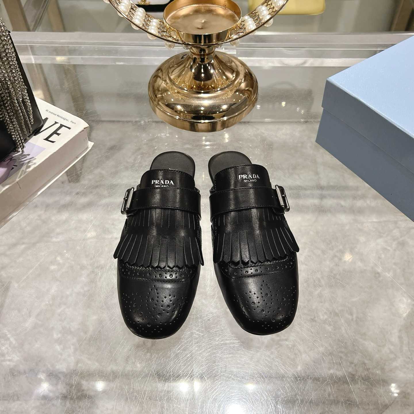 Prada Shuffle Fringed Monk Strap Leather Mules - PerfectKickZ