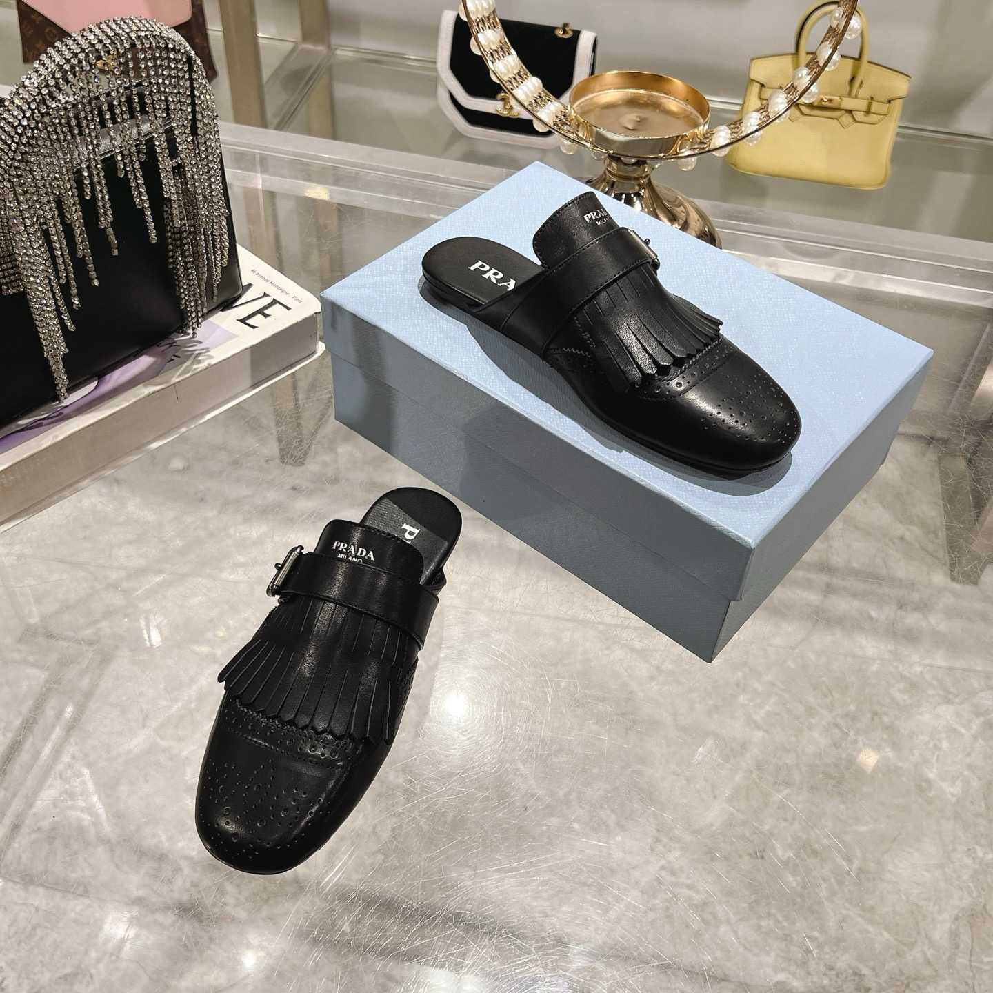 Prada Shuffle Fringed Monk Strap Leather Mules - PerfectKickZ
