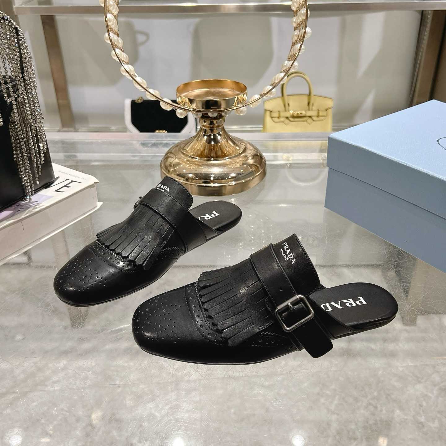 Prada Shuffle Fringed Monk Strap Leather Mules - PerfectKickZ