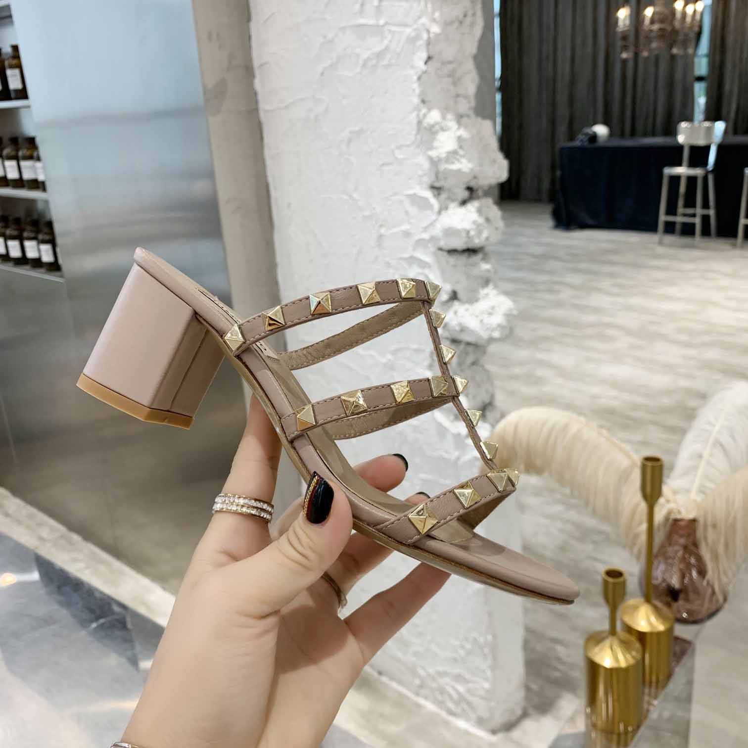 Valenti Rockstud Calfskin Leather Slide Sandal  - PerfectKickZ