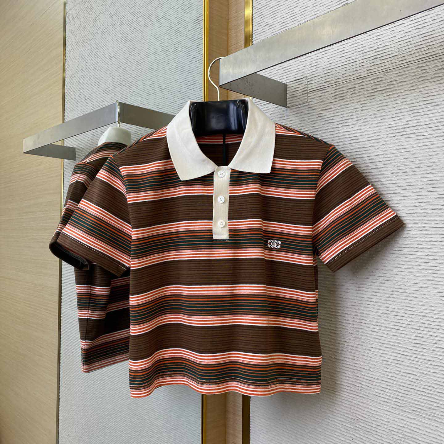 Celine Triomphe Cropped Polo Shirt In Striped Cotton - PerfectKickZ