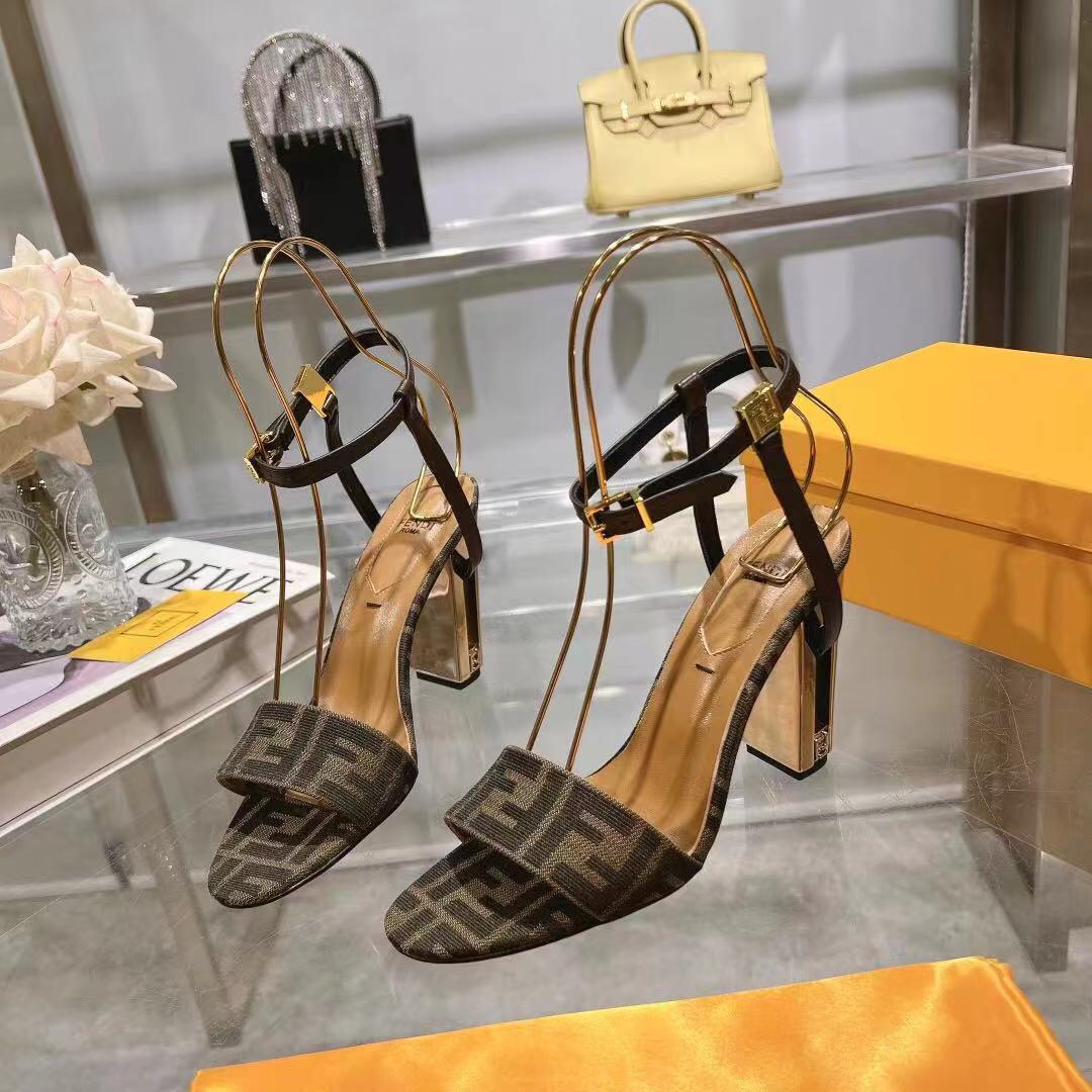 Fendi Delfina Brown Fabric High-heeled Sandals - PerfectKickZ