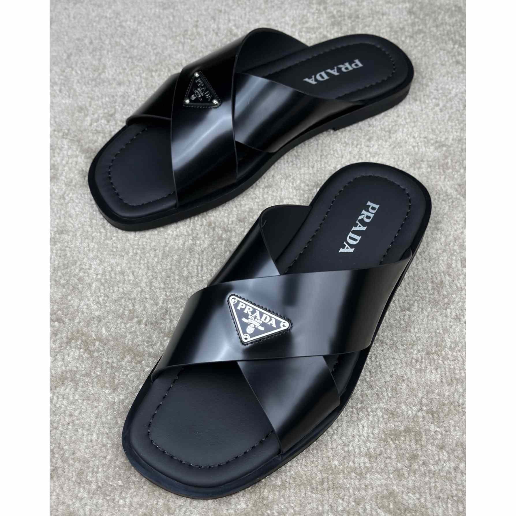 Prada Crisscross Leather Slides - 