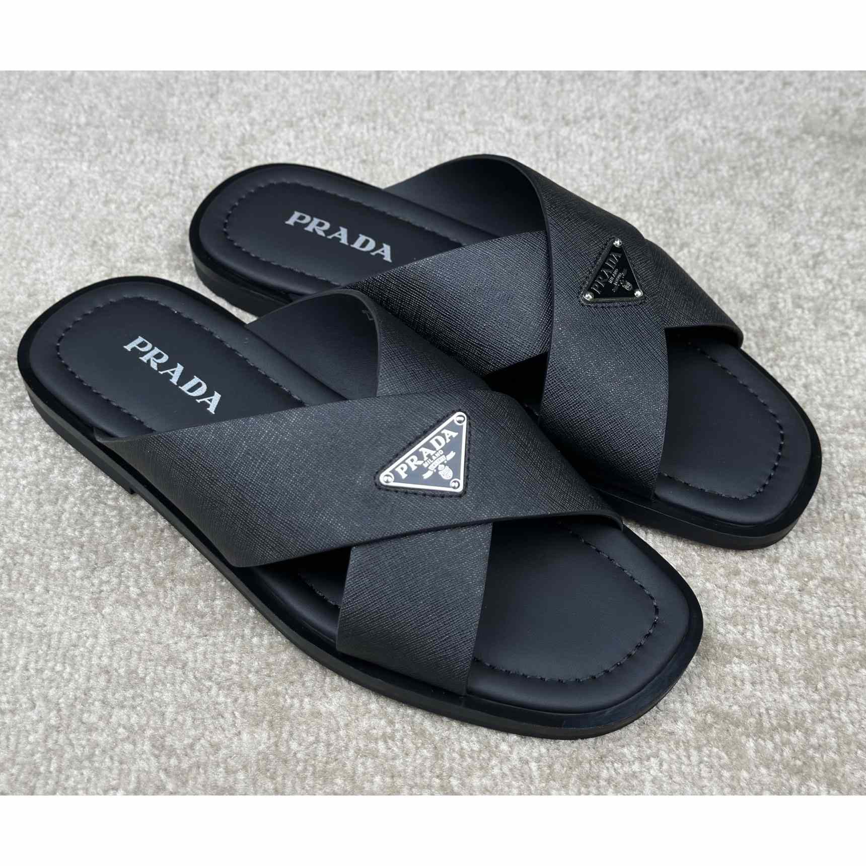 Prada Crisscross Leather Slides - PerfectKickZ