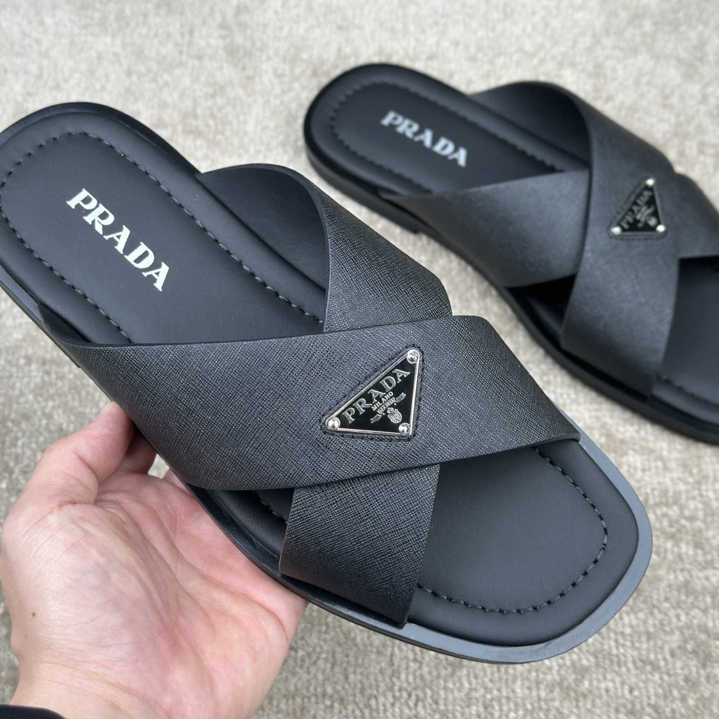 Prada Crisscross Leather Slides - 