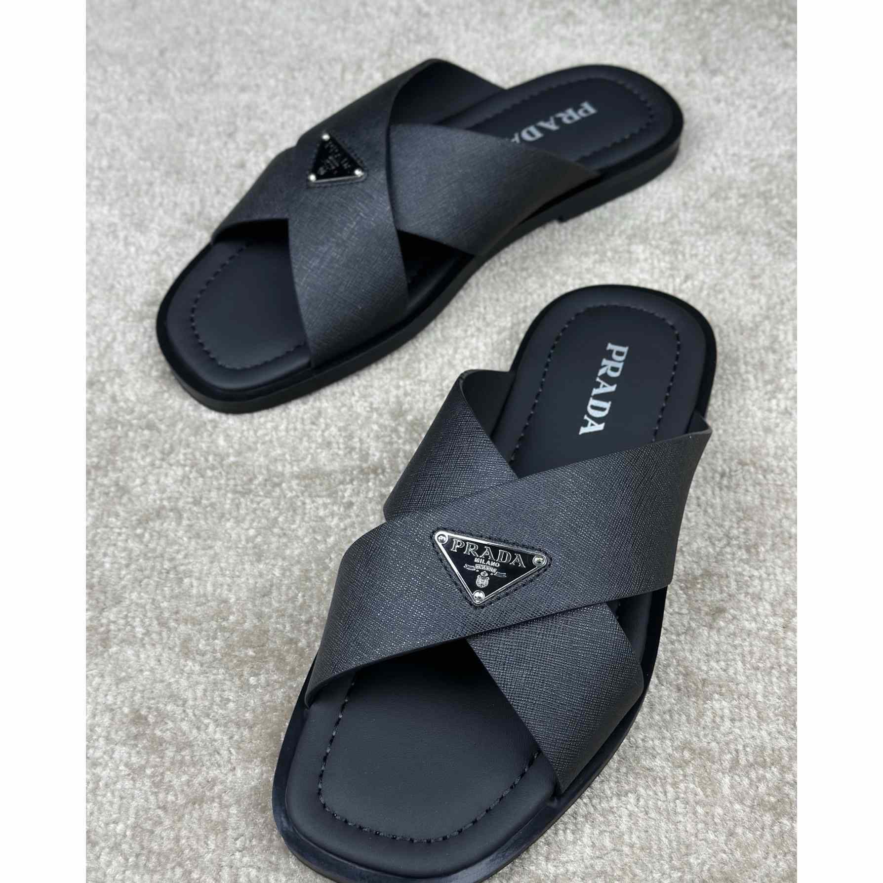 Prada Crisscross Leather Slides - 