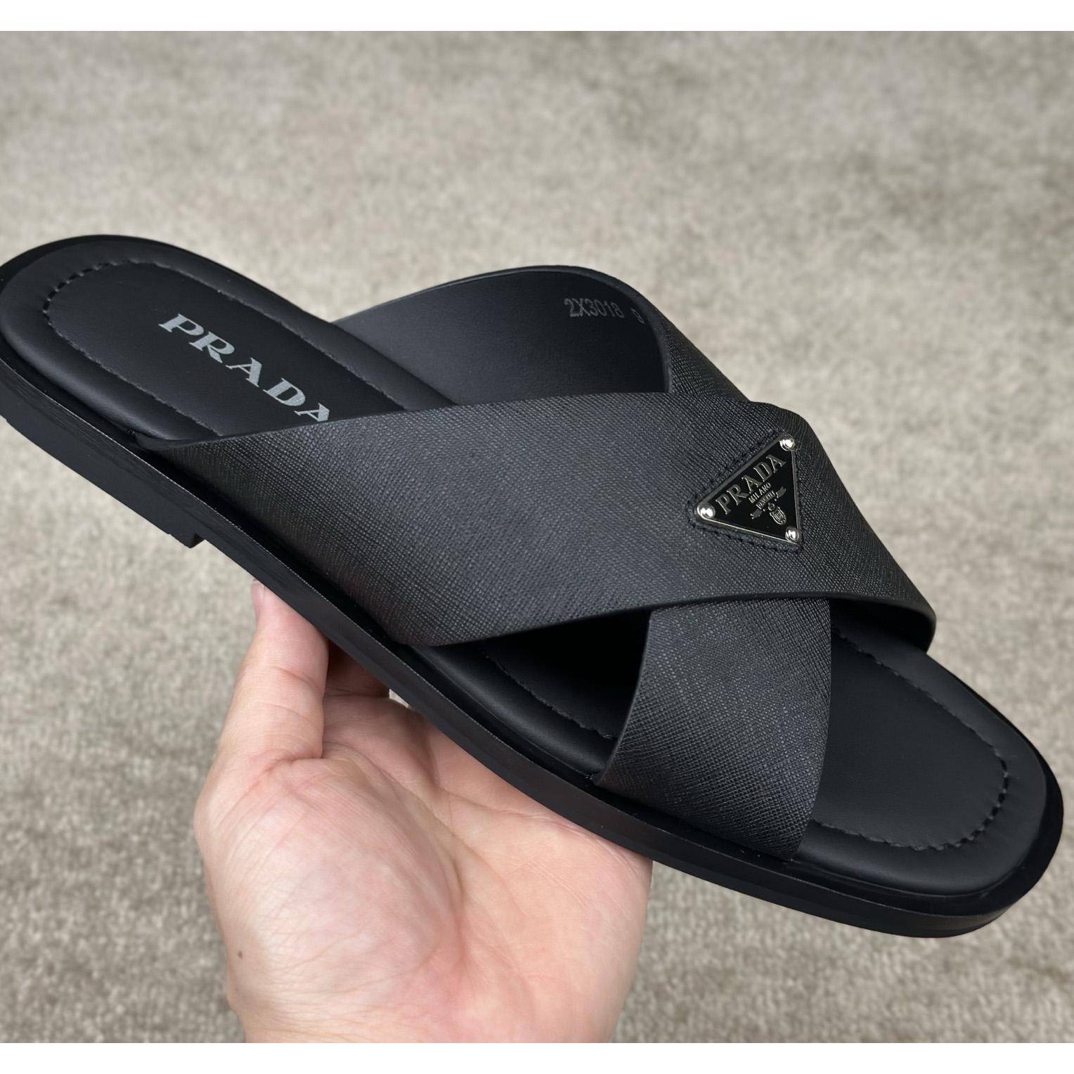 Prada Crisscross Leather Slides - 
