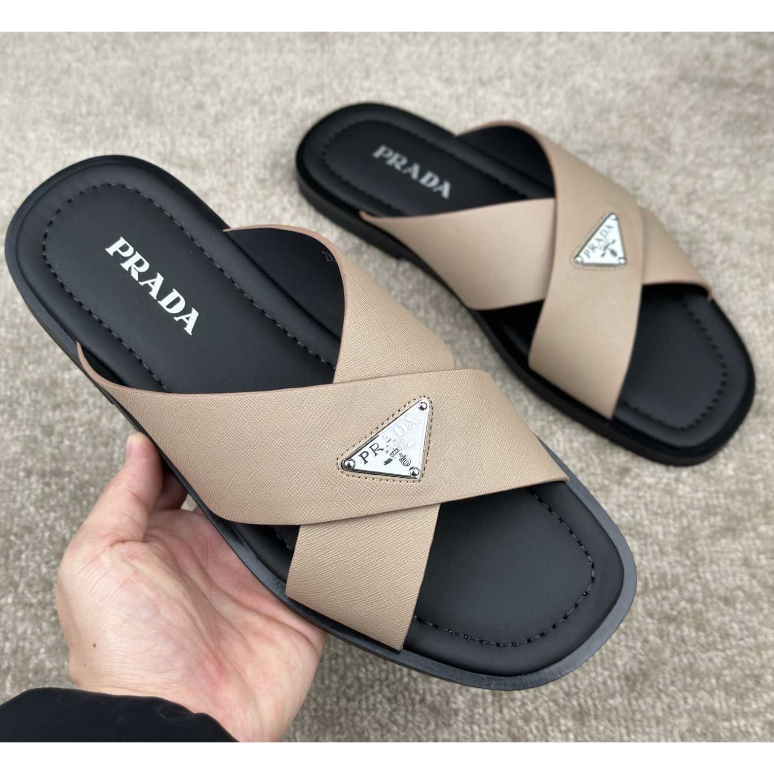 Prada Crisscross Leather Slides - 