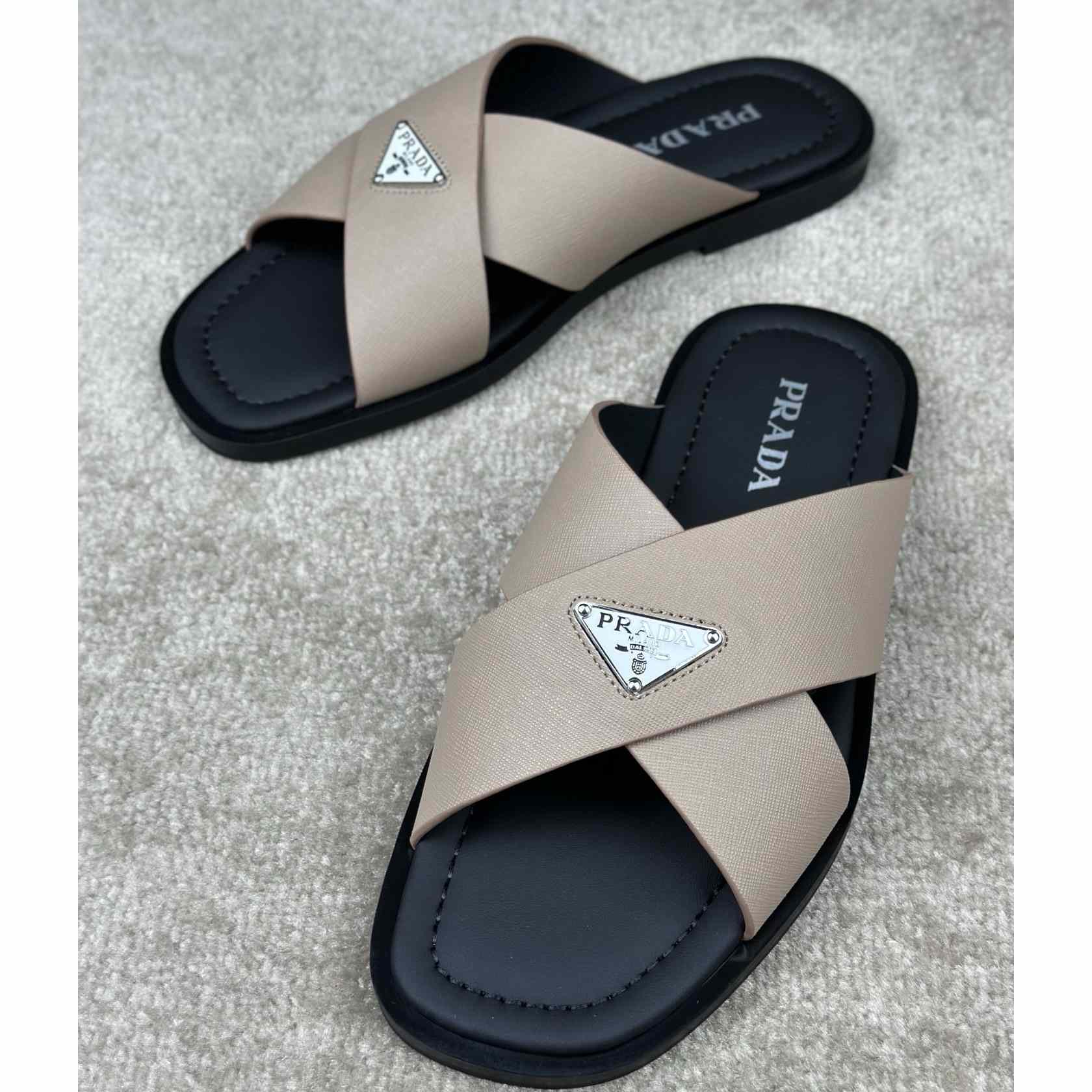 Prada Crisscross Leather Slides - 