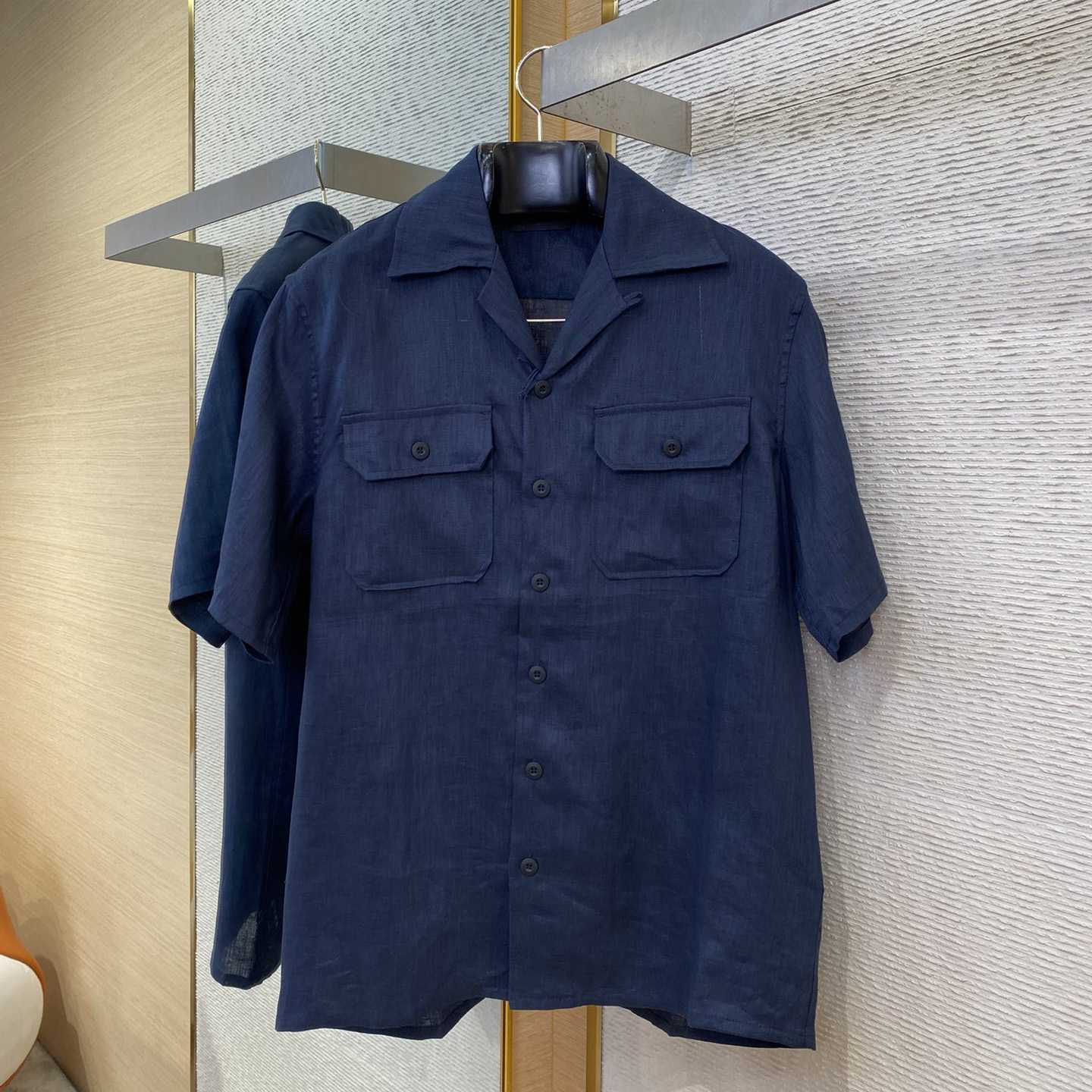 Prada Triangle-logo Cuban-collar Linen Shirt - PerfectKickZ