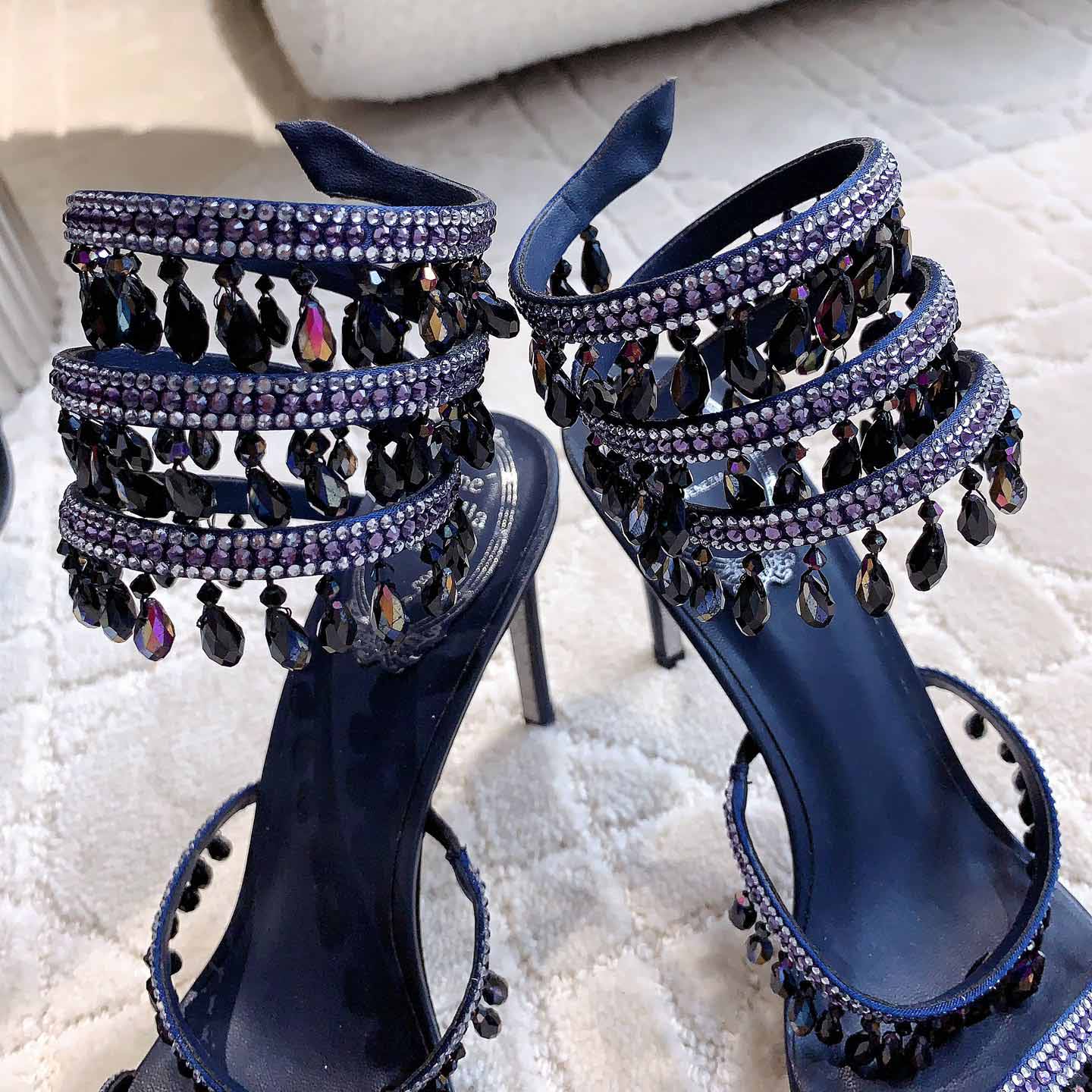 Rene Caovilla Jeweled Chandelier Crystal Teal Sandal  95mm - PerfectKickZ