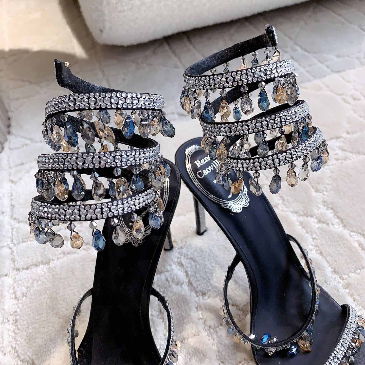 Rene Caovilla Jeweled Chandelier Crystal Teal Sandal  95mm - PerfectKickZ