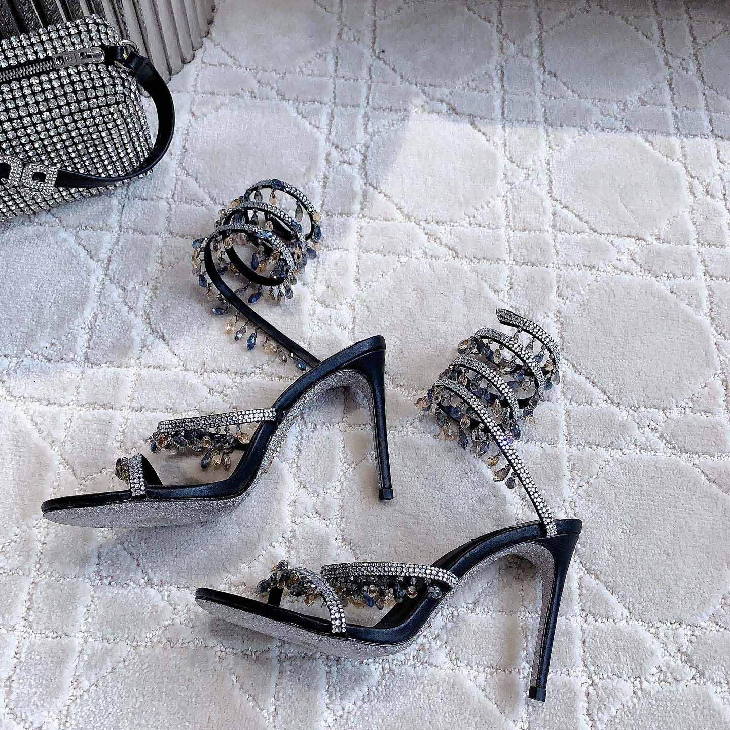 Rene Caovilla Jeweled Chandelier Crystal Teal Sandal  95mm - PerfectKickZ
